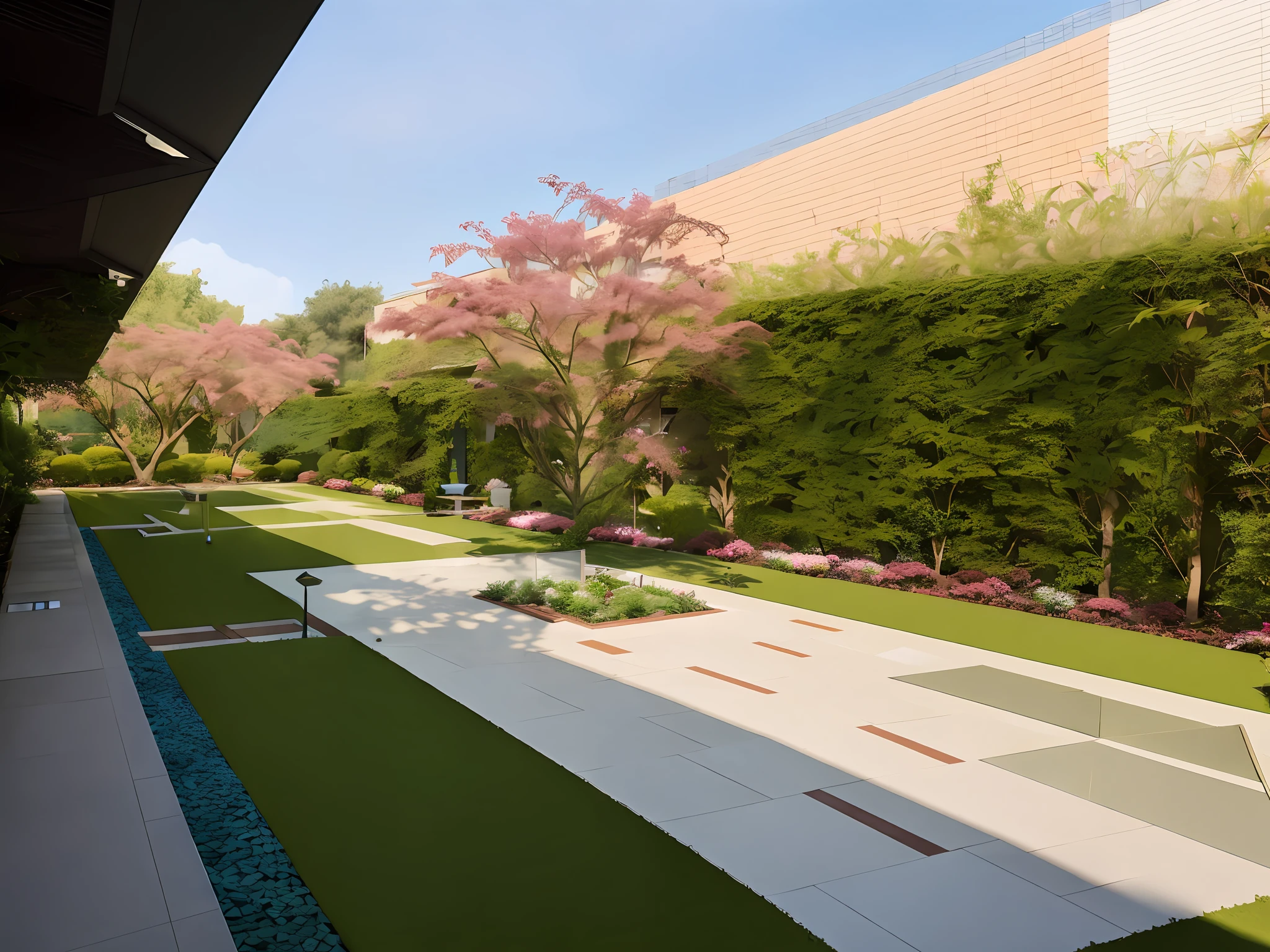 there is a view of a courtyard with a bench and a building, rendered in lumion pro, highly detailed render, fully detailed render, rendered in enscape, detailed rendering, low angle dimetric rendering, path tracing render, lumion render, natural realistic render, high-quality render, highly photographic render, courtyard walkway, hyper-realistic render, hyper - realistic render