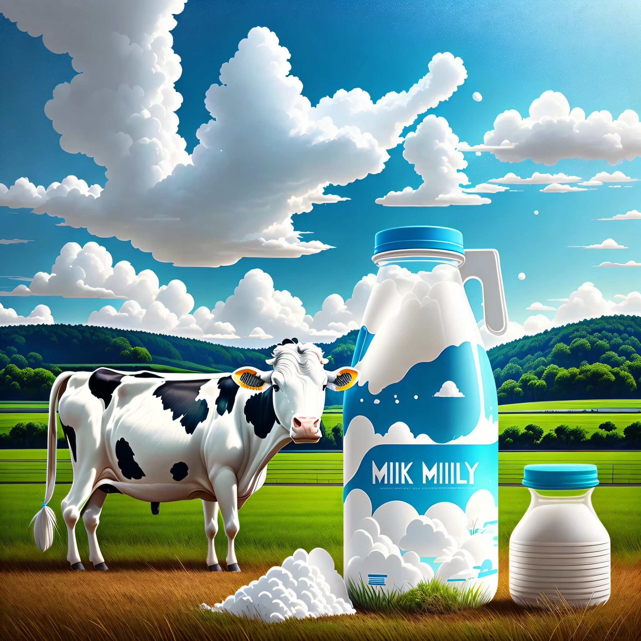 I'm going to make a milk powder promotional product poster. There should be blue skies and white clouds, grasslands, rivers, cows, reflecting the natural scenery --auto --s2