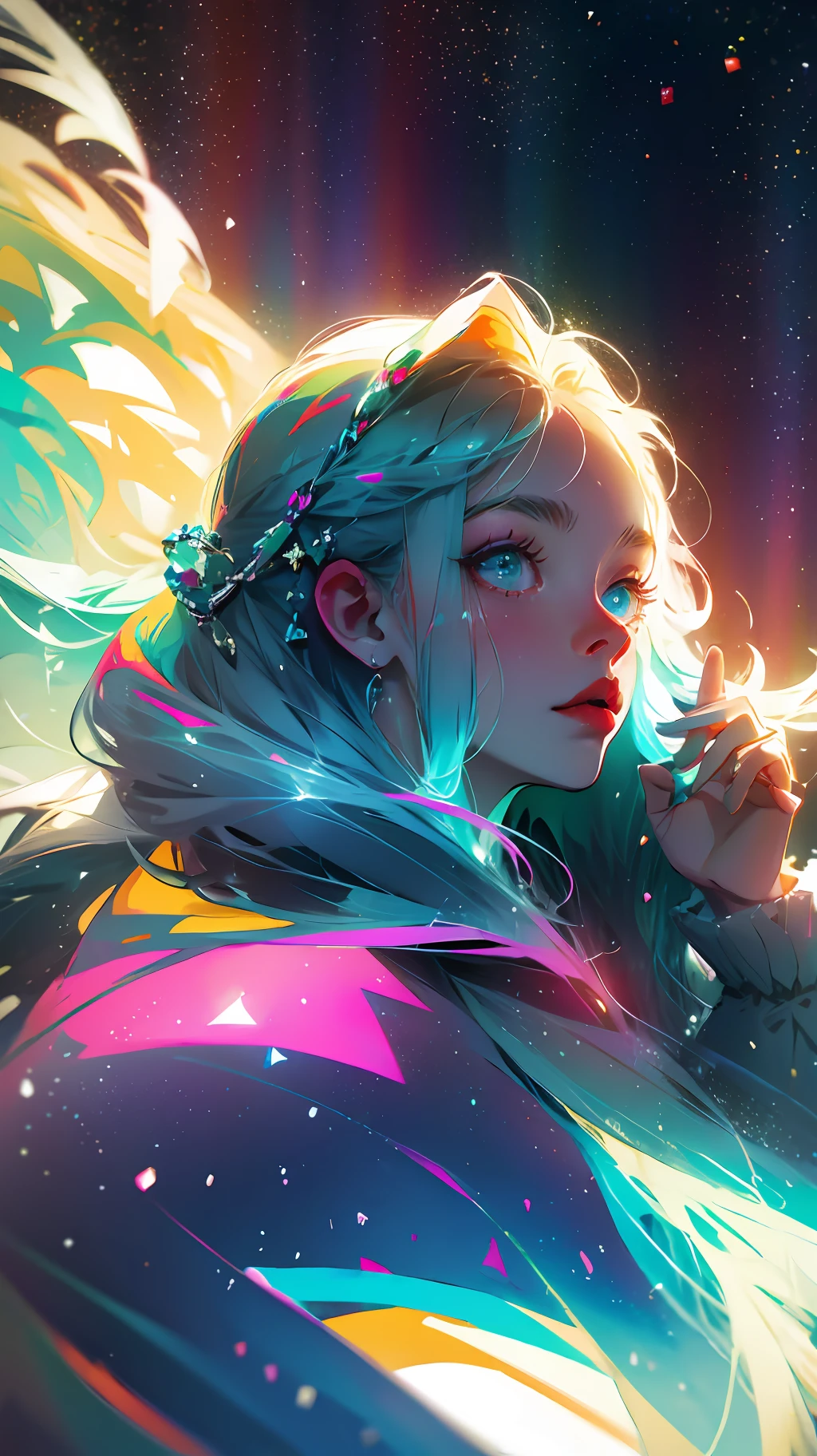 Heavy snow, girl, seven colors aurora