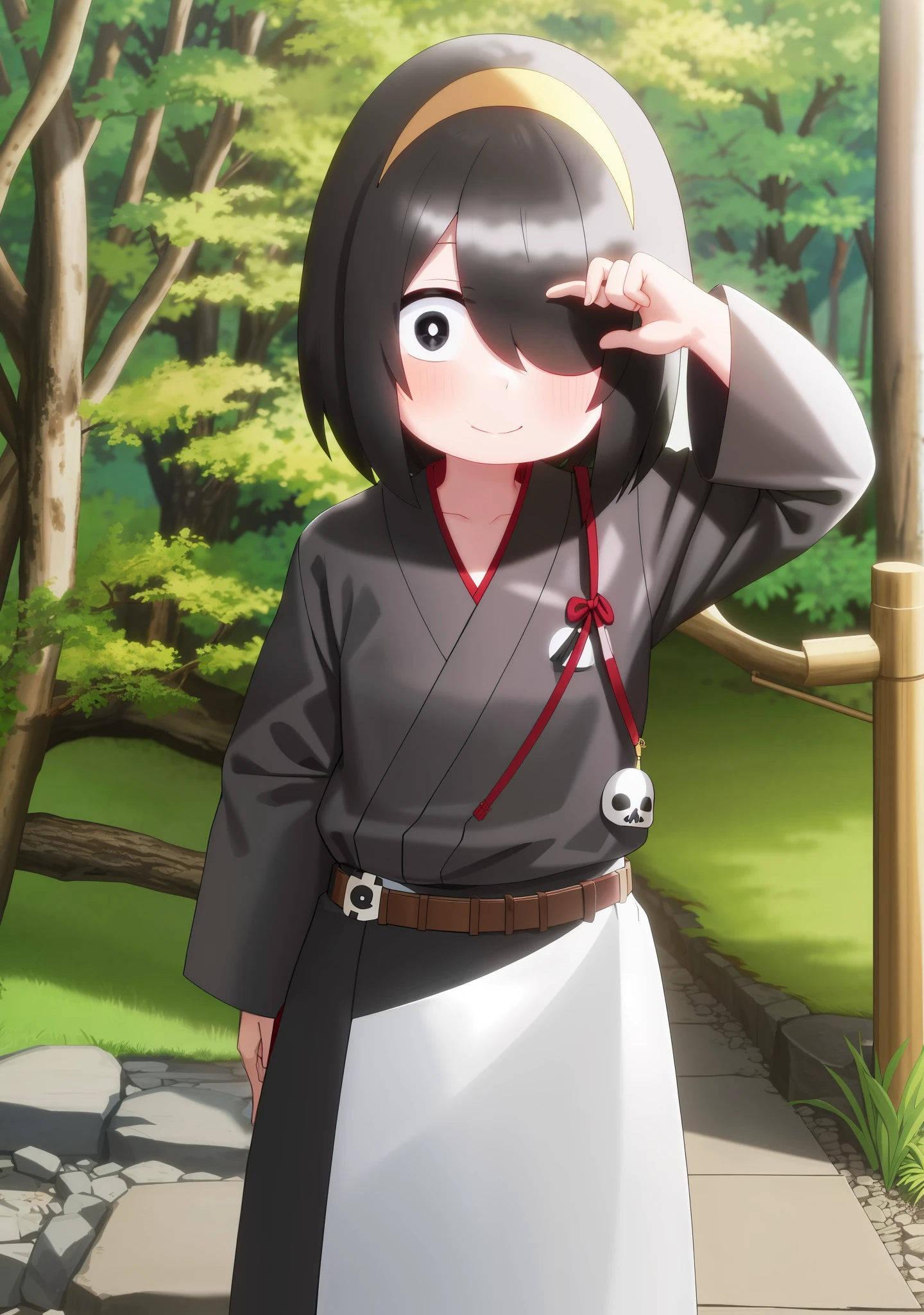 Nishimura akane, forest, path, young, ???, loli,
((1girl)), ((solo)), hand on hip, short hair, black hair, black eyes, white pupils, japanese clothes, smile, looking at viewer, black kimono, hair between eyes, cowboy shot, wide sleeves, facing viewer, black hakama, white_sash, yellow hairband, hair cover one eye, holding katana, 1:5, shy, blush, sexy pose, stocking, skull symbol,