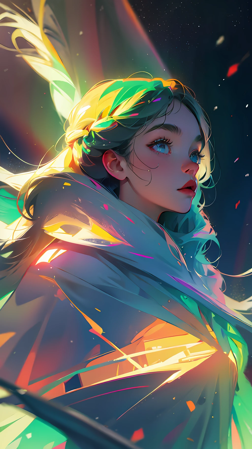 Heavy snow, girl, seven colors aurora