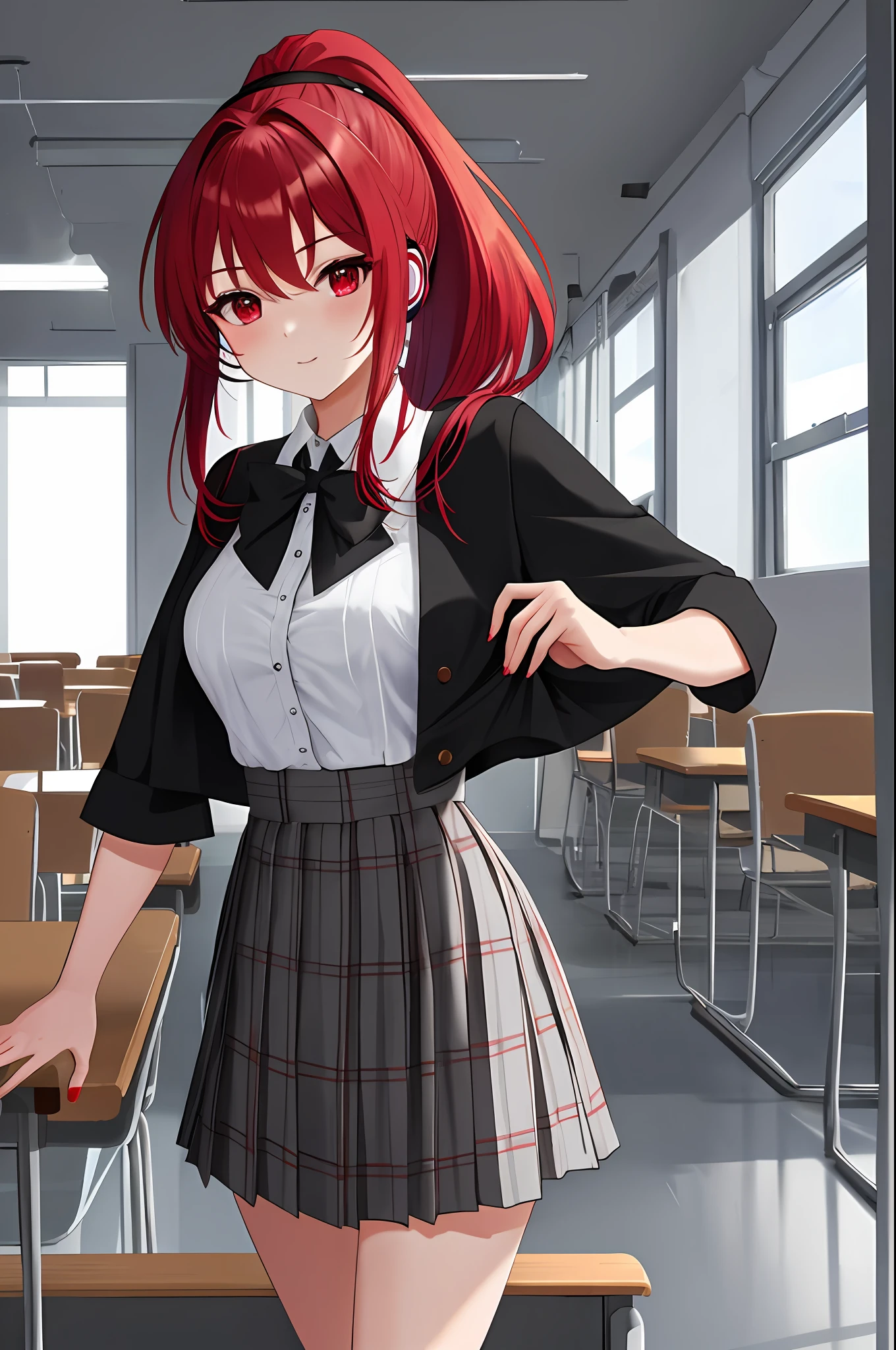 Absurdity, intricate details, highly detailed 8K wallpaper, (Transcendent Beautiful Girl: 1.5), BREAK, scarlet hair, ponytail, (red eye), BREAK, perfect five fingers, BREAK, absolute area, (headphones), miniskirt, break, solo focus, tie, (short sleeve white blouse), (gray checked pleated skirt), classroom, desk and chair, sit, Bento,