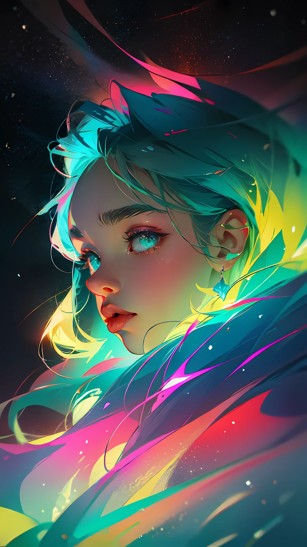 Heavy snow, girl, seven colors aurora
