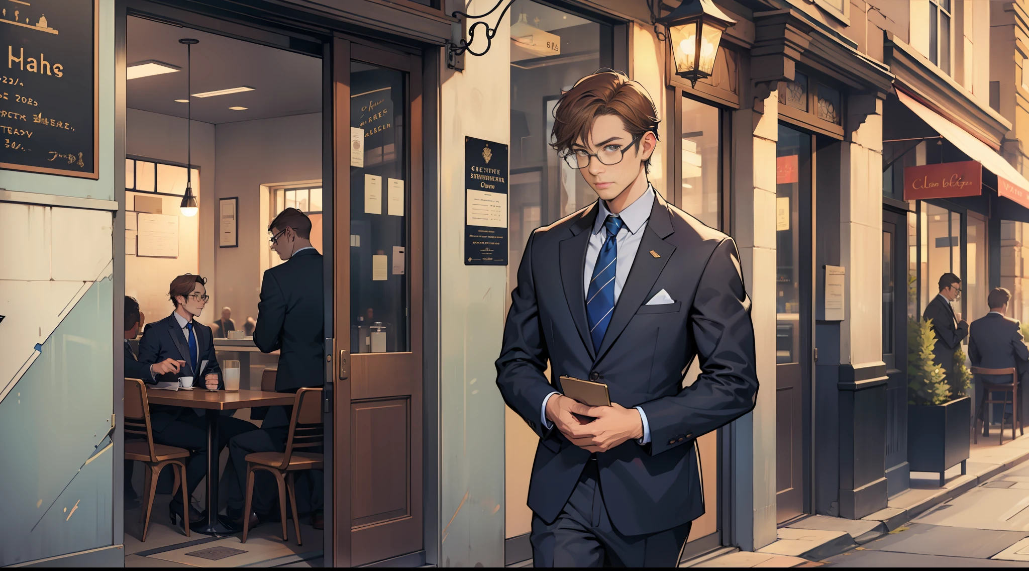 A man in a suit, wearing gold-wire glasses, carrying a briefcase, blue tie, short brown hair, in front of the café