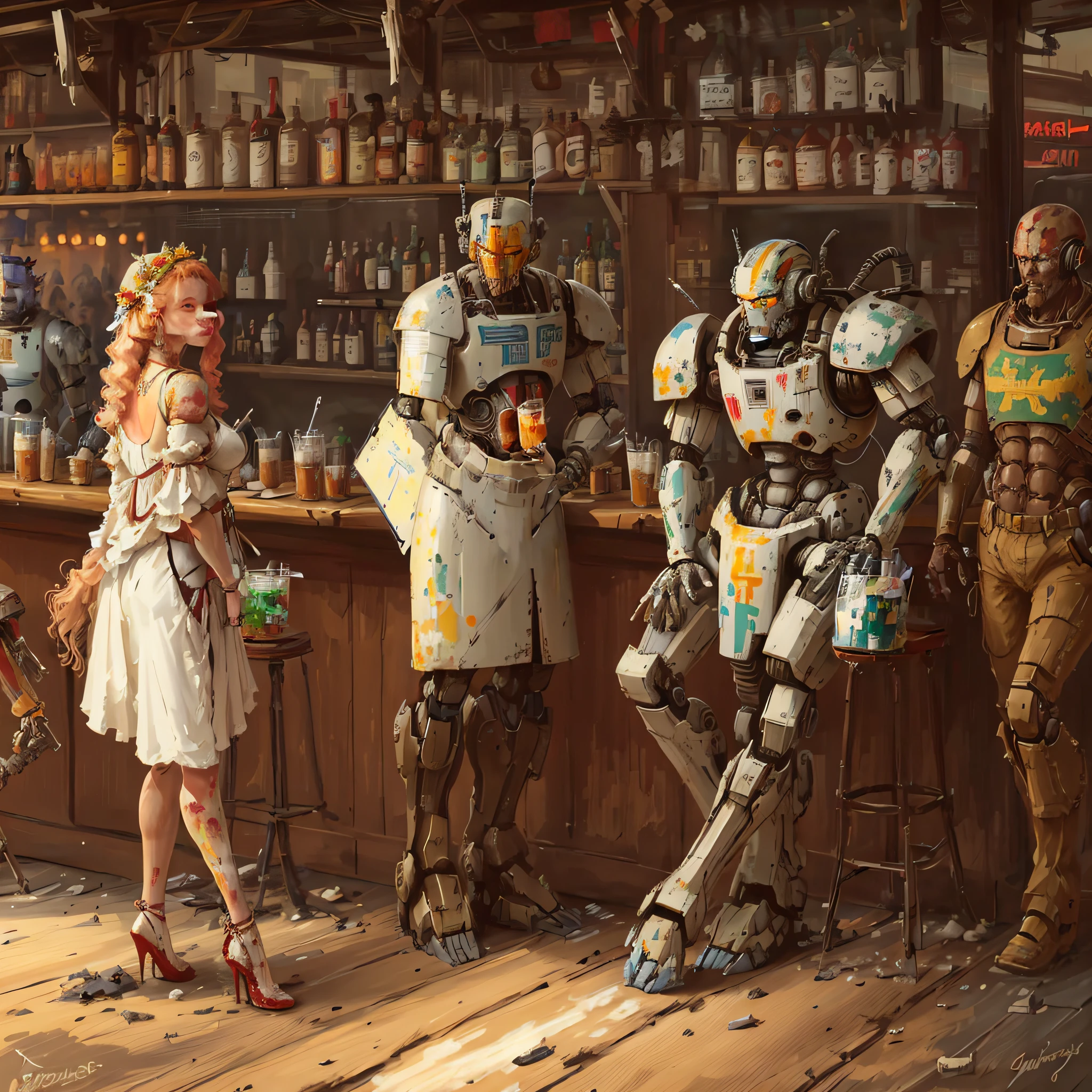 painting of a woman in a white dress standing next to a robot, robot barkeep, robots drinking alcohol, cyborgs working, mecha human, mecha asthetic, in a pub, painterly humanoid mecha, by Aleksander Gine, by Ludwik Konarzewski, mecha art, in a bar --auto --s2