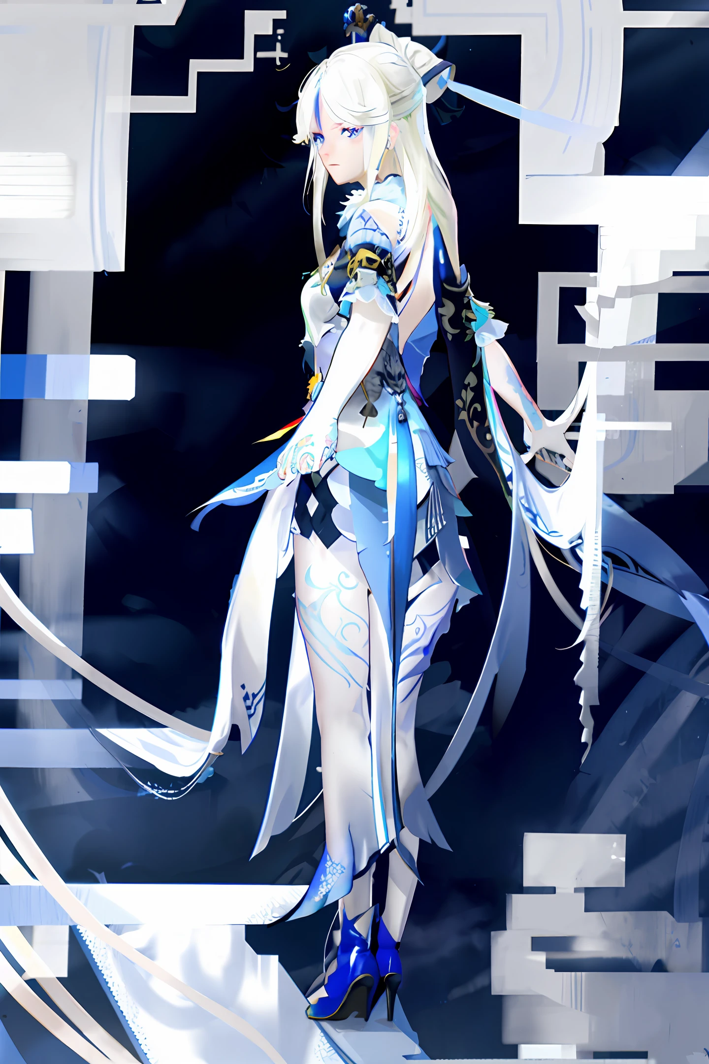 Double top tower, white hair royal sister, silver hair, blue tattoo, blue pupils, backless gauze skirt
