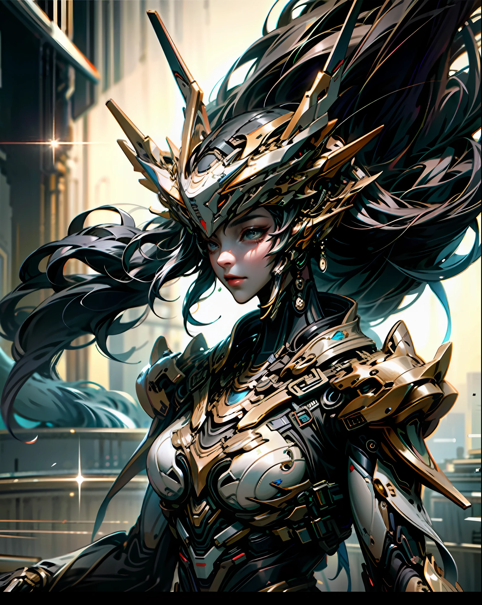 a masterpiece, the best quality, High Quality, (futurism:1.1), (cyberpunk clothes), movie lights, (Exquisite future), Beautiful and beautiful, Ultra detailed, Great composition, floating, Depth of field, (Very detailed CG,Unity 8k壁纸), (Beautiful detail background), Beautiful hair details, dramatic lights, GOGETTA, mecha,Bestquality,ultrahighres,photoreal