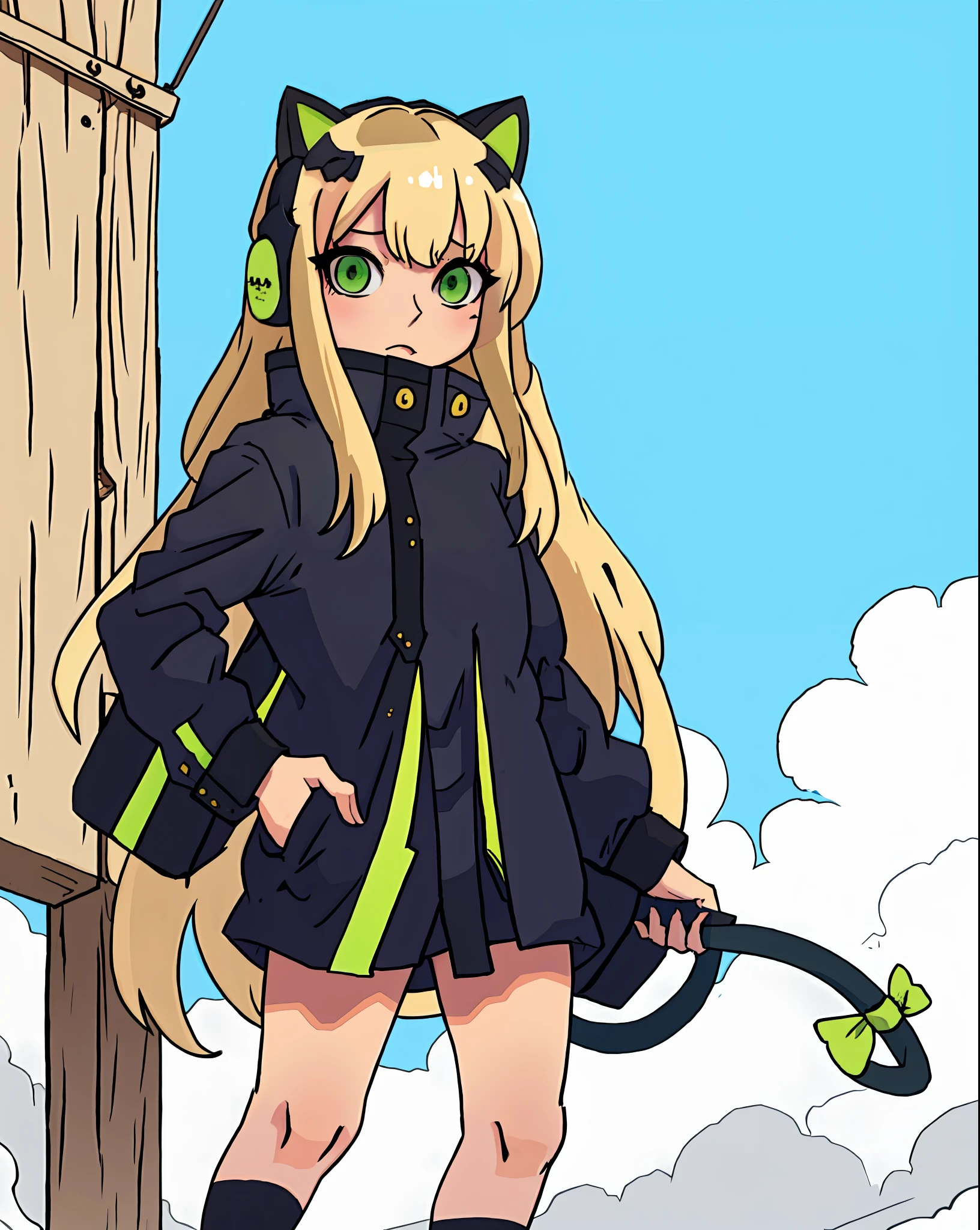 Girl, blonde hair, green eyes, with black sweatshirt, anime