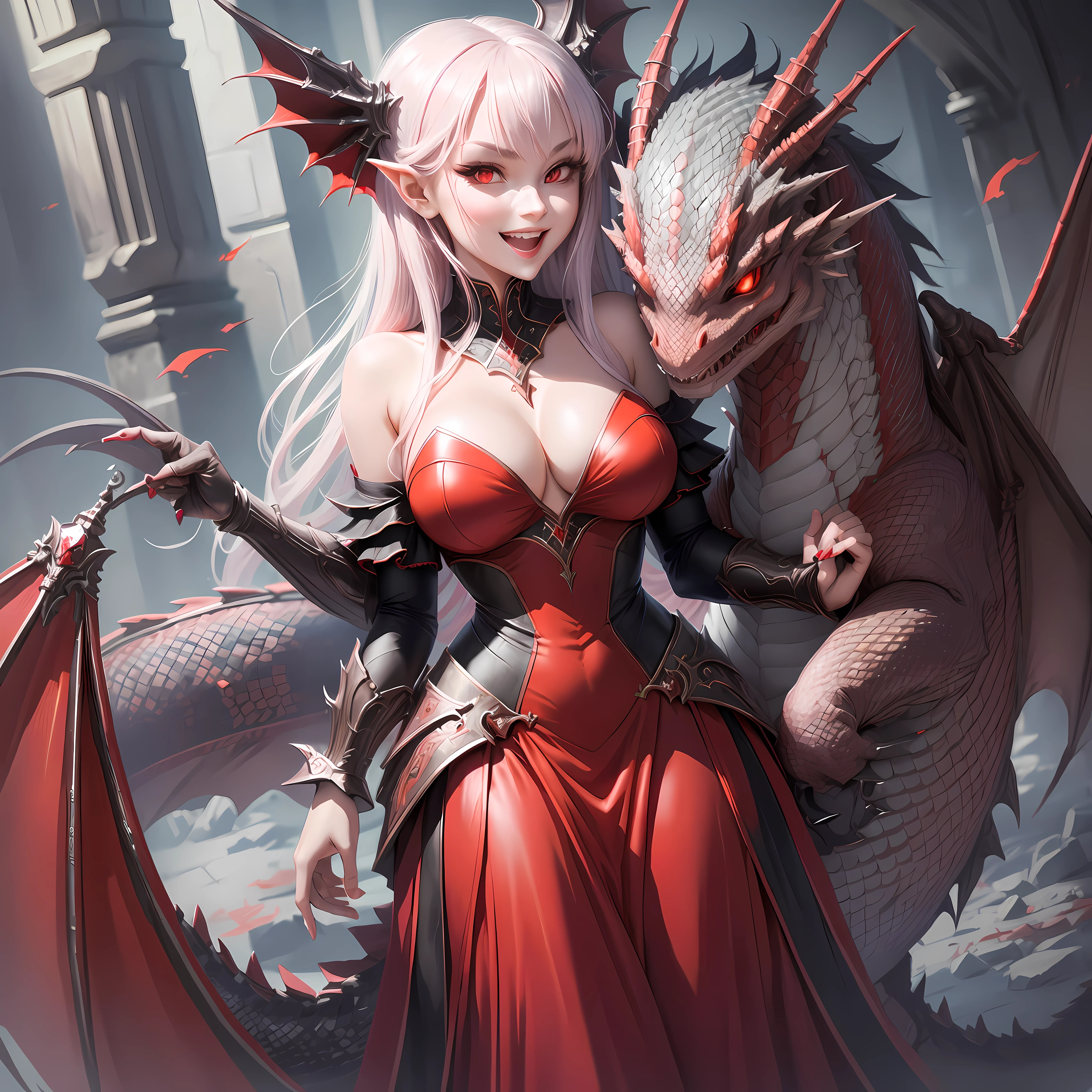 Red (Antopomov dragon girl), scales, (clear eyes), long skirt, flat breasts, evil smile, open mouth teeth, hugs