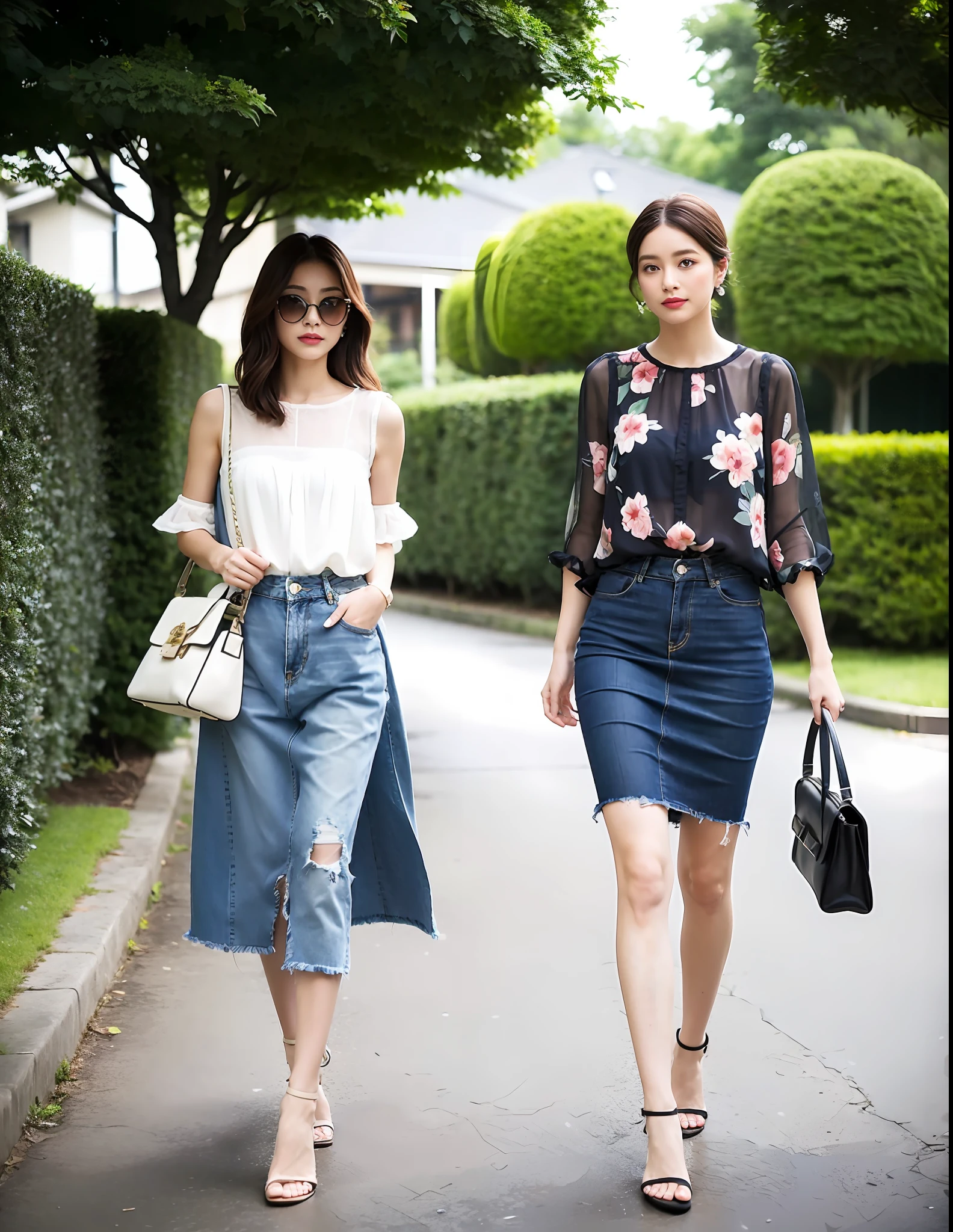 3. Floral Chiffon Blouse paired with a Midi Denim Skirt
The floral chiffon blouse is an essential fashion item for summer, as it showcases both the feminine and graceful side of women while adding a touch of intellectual elegance. Pairing it with a midi denim skirt can elongate the body proportion and perfectly combine casual and formal styles. Opt for a comfortable pair of flat sandals, ensuring walking comfort while maintaining a relaxed and effortless look. Carry a streamlined handbag on your shoulder to complete the whole ensemble.