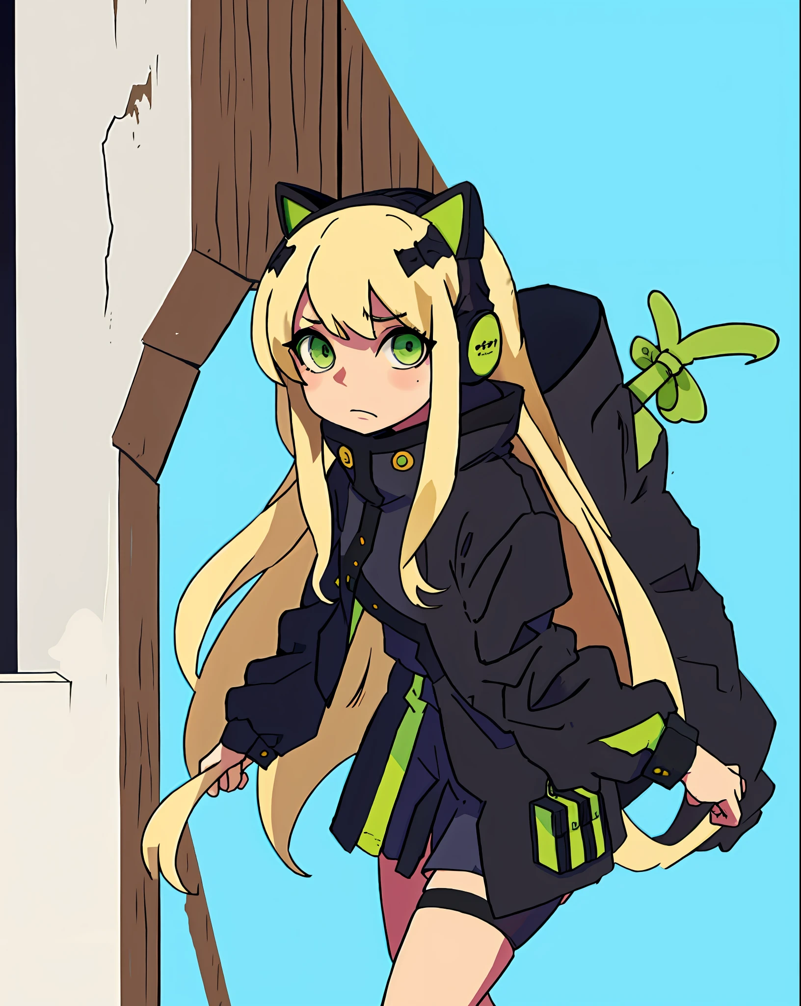 Girl, blonde hair, green eyes, with black sweatshirt, anime
