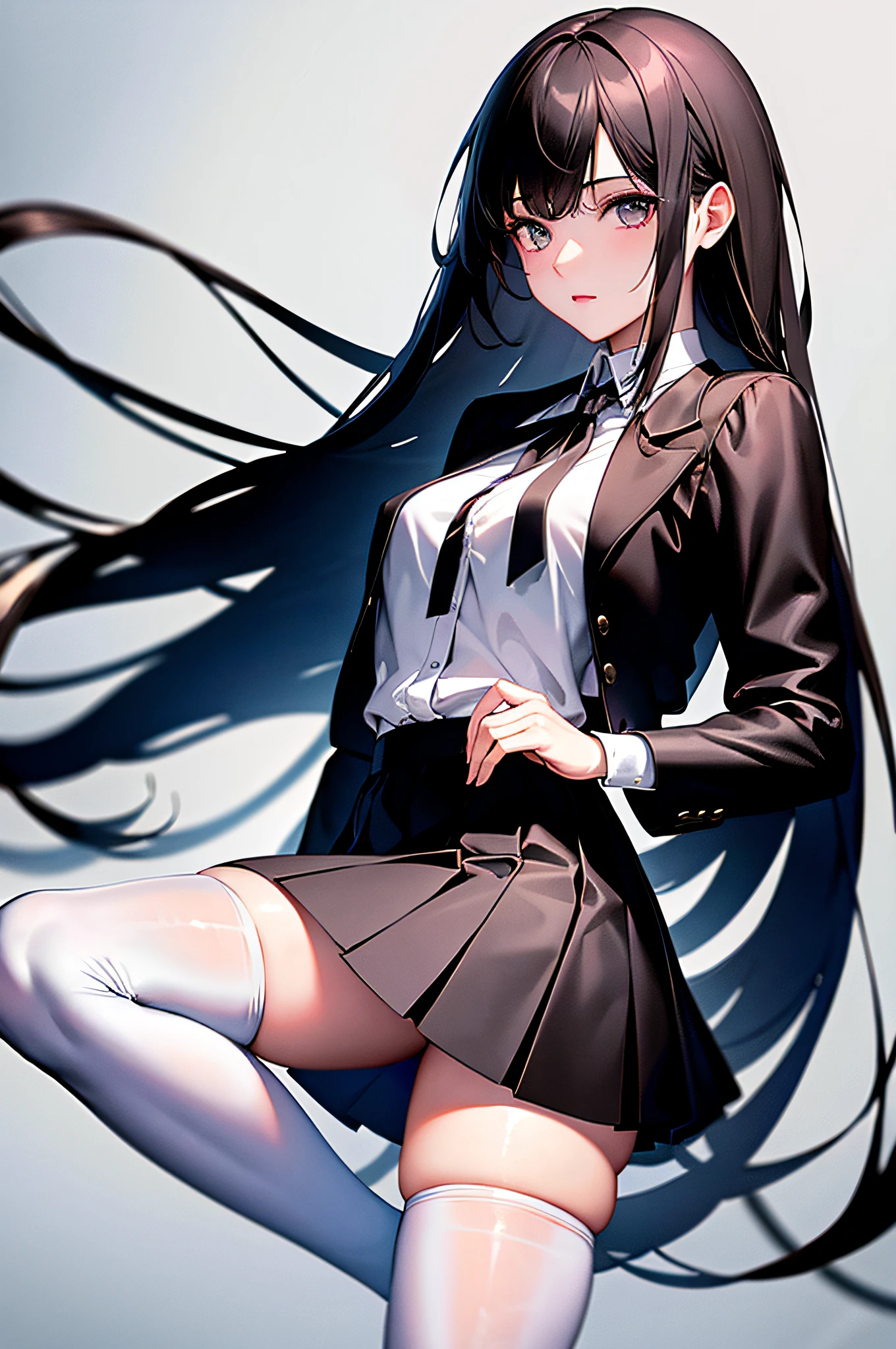 ((masterpiece, best_quality)), 1girl, (photorealistic:1.4), solo, white_background, black_hair, long_hair, zettai_ryouiki, skirt, ((full_body)),