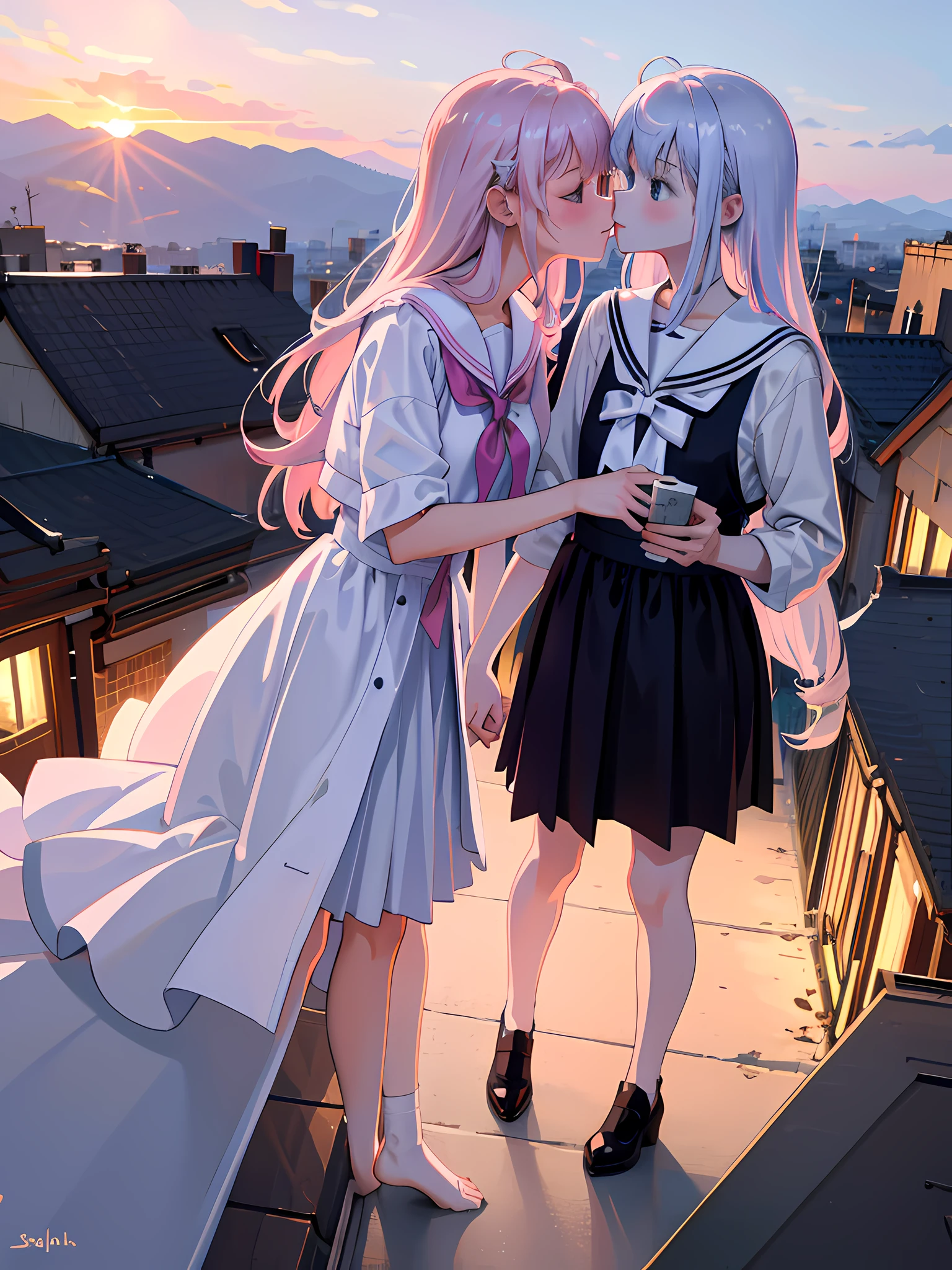 Masterpiece: 1.3), Best Quality, 2 girls, 18 and , white and pink hair color, delicate, rooftop, spirit, sunset, kissing, sailor suit and JK costume,