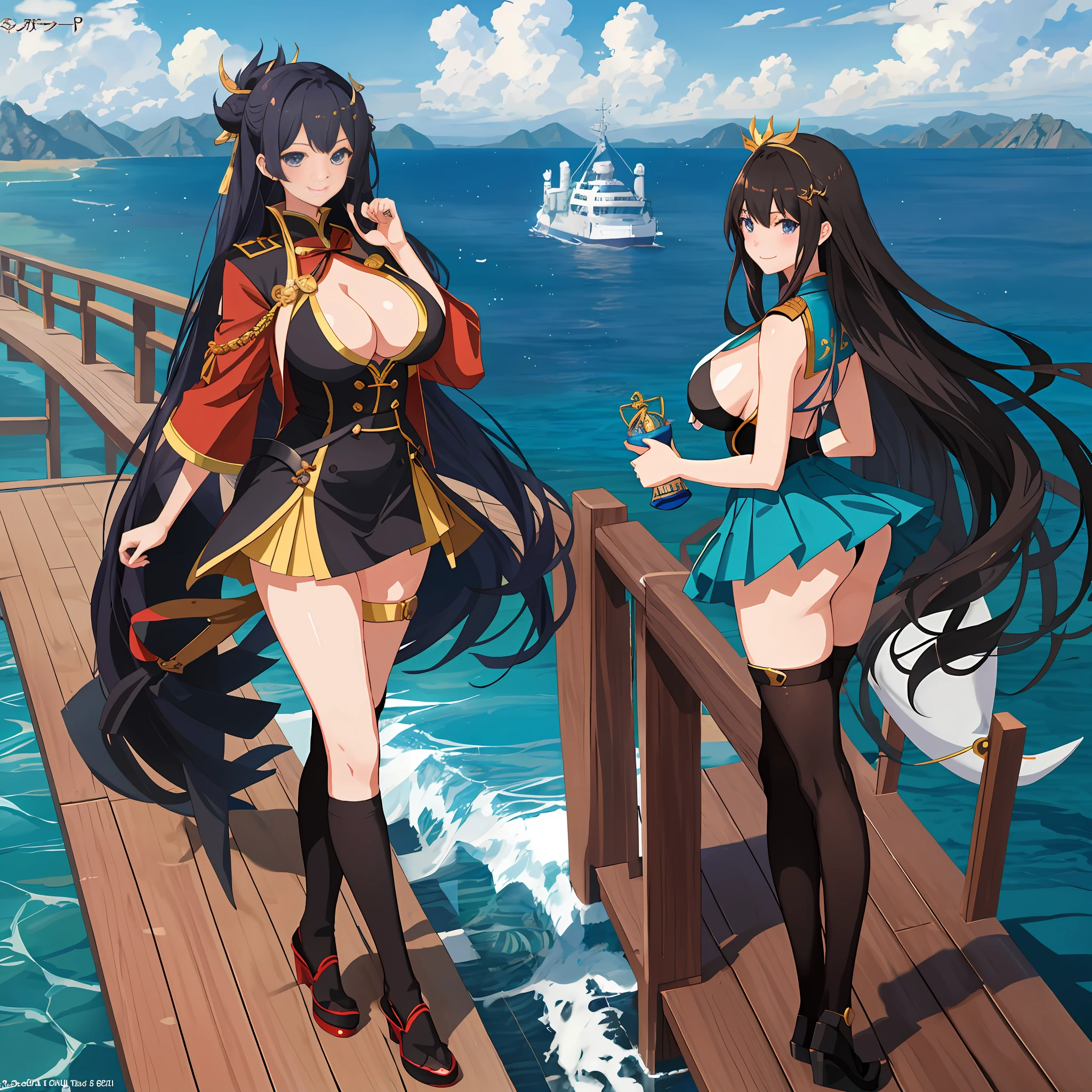 Anime girl with very big breasts and very big ass, full body Xianxia, small curvaceous , black hair long, sea, deck, standing split, curvy, (thighhigh),((Captain))), (smile), pixiv3dcg,, negative, pixiv, ecchi, otpipero potion, full body commission four, top rating on pixiv, ecchi anime style, seductive anime girls, pixiv