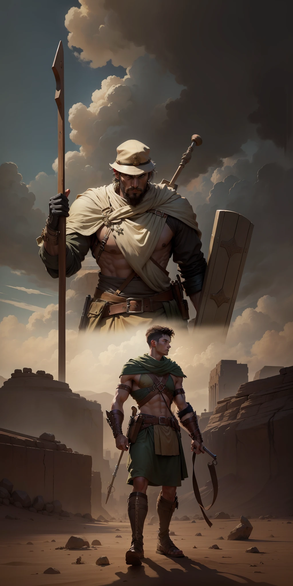 skinny boy without the clothes of a good-looking young soldier holding a sling with a stone in front of a large goliath soldier realistic painting senario desert crowd of soldiers sena epic according to biblical descriptions intrica painting