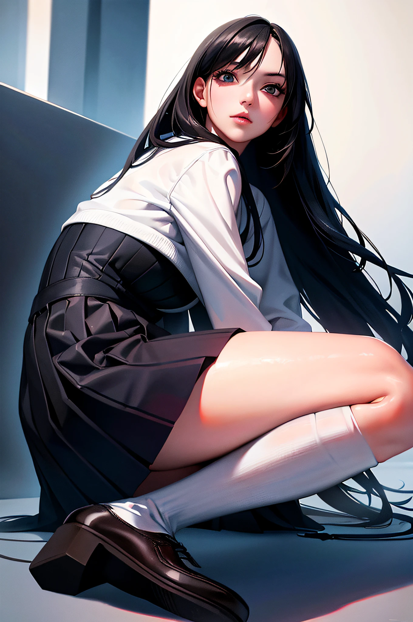 ((masterpiece, best_quality)), 1girl, (photorealistic:1.4), solo, white_background, black_hair, long_hair, zettai_ryouiki, skirt, ((full_body)),