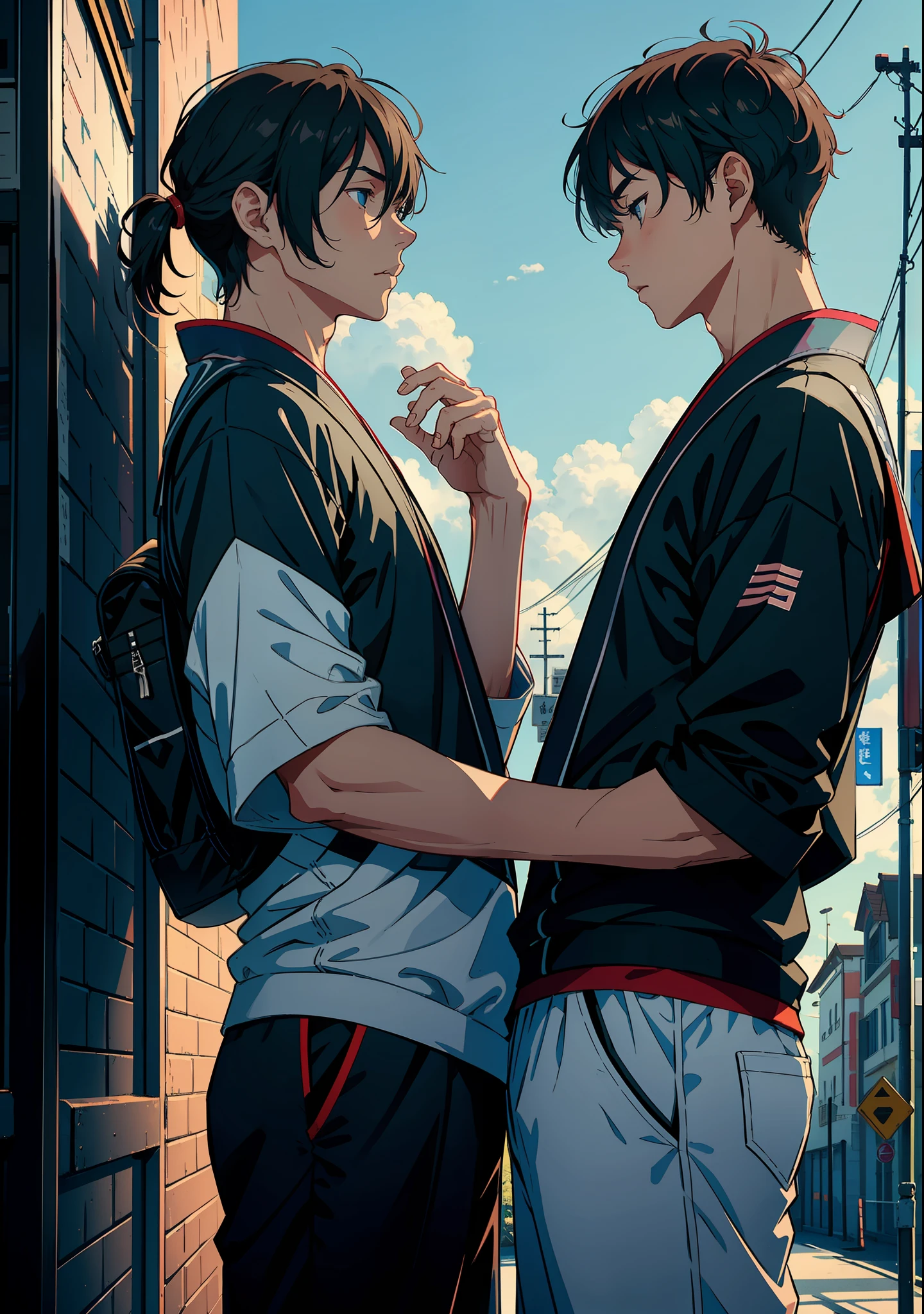 Artistic double pose, double, male interaction, Bl, student department, sportswear, dude, sky, kimono, hug