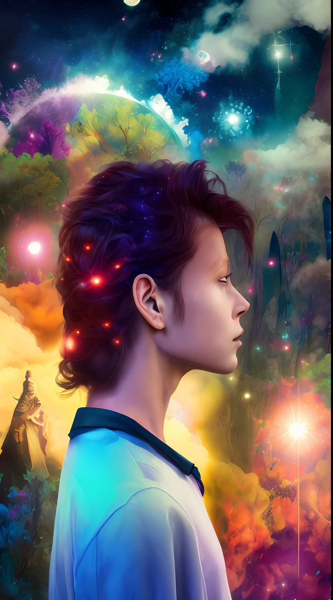 Incredible and spectacular scene, a "((high quality)), (detailed)), ((fantasy)), illustration, perspective (45 degree tilt angle), theme (enchanted forest style), scene elements (handsome boy, beautiful girl), picture quality (3D rendering effect), exquisite details, beautiful lights "emerge from glowing clouds, fractal nebula lines, cosmic entities, celestial bodies, universes, vibrant and vivid, swirling, rotating, impractical, high contrast, co-metabolic, magical, mysterious, mysterious, surreal, Oversaturated, colorful