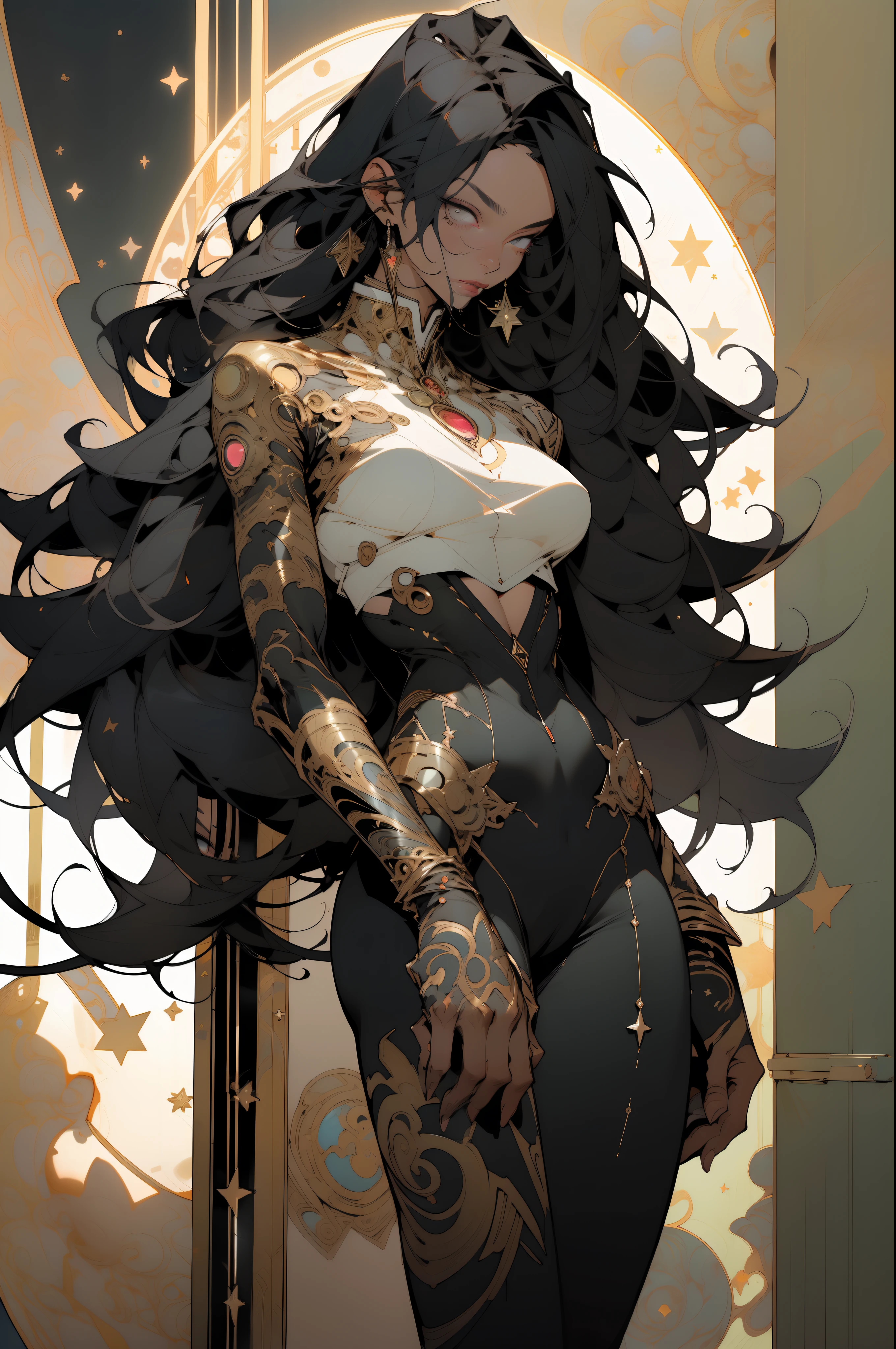 ((Best quality)), ((masterpiece)), (detailed: 1.4), (Absurd), 99whole body00, muscular woman of 35 years, black kinetic skin with (((exposed black muscles)))), hot woman, sculptural body with defined muscles, closed mouth, muscular body covered by a micro thong, whole body covered by Genesis evangelion neon style clothing, (((large breasts)), (eyes with heavy and very black makeup), ((((unkempt hair)), (stars covering the body), ((drawings of golden stars on the arms)), very long eyelashes, heavy eye makeup, lots of jewelry, by mucha, niji --V5, close to real, psychopath, crazy face, sexy pose, 2 piece clothing, pastel, centered, scale to fit the dimensions