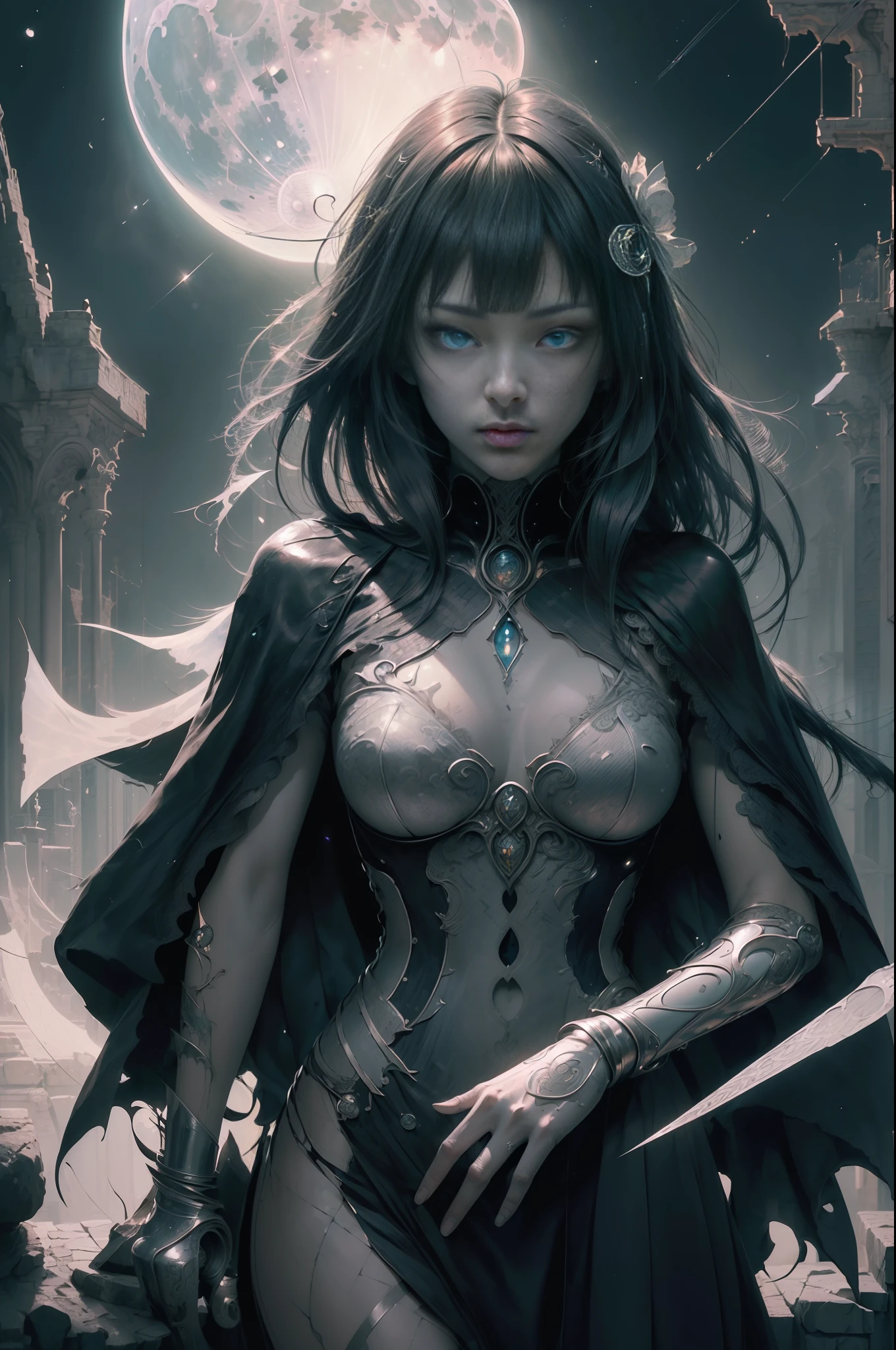 [Detailed illustrations, art based on extremely ideal anatomy, very detailed and detailed drawings, slow and delicate lines, realistic texture expression],((Accurate simulation of light-material interactions, understanding of air flow, mechanically correct expression)),(Design built at a high level,((Advanced structural understanding)),Ideal color coordination),((Complex decoration ( Ultra-dense detail)),(Detail,High definition),(((Color tressed lines)),(Artwork with outstanding craftsmanship),(Fine and beautiful skin expression (transparency))),(Perfect and beautiful face,Realistic face details),(Perfect eye (Realistic pupil details (Beautiful iris drawn in detail) (Sharp pupil))),((Perfectly proportioned and perfectly proportioned)),(Midnight Ruins ( Background of an old stone castle with moonlight leaking out)) Full moon, Vampire Girl Japanese Beauty ((Beautiful but sick face sunken eyes)) Skinny  (Delicate and bony figure) Bare feet ((straight cut bangs)) Fine and beautiful straight long hair (black cat),(Beautiful skin shining on the moon (pale skin)),Cloak of darkness (ribbon lace embroidery),(( Ephemeral Melancholy)) (((Moonlight))) Gravure (Sedentary) ((Tyndall effect)),[Ultra-precision detail,High Quality,High resolution,((Multilayer texture))],(((Visual art with a sense of narrative)).