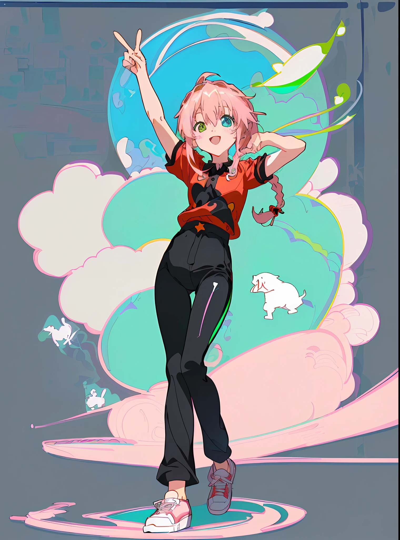 One girl, (heterochromia, blue and green eyes: 1.8), shining eyes, (illustration: 1.1), (chibi: 0.5), holding a water bottle, ((((Masterpiece, Super Detail, Top Quality, 8K, Kyoto Animation Animation Illustration)), (Caregiver, 1 Cute Girl, Big, Solo, Upright, Peace, Watch Viewer, Full Body, Front, Cute Open Mouth, Happy Smile: 1.3), (Loli: 1.2), (cute: 1.5), (red short-sleeved polo shirt and black tight long pants, long heat tech inner shirt: 1.5), (footwear: sneakers), (pale pink hair, braid, long hair, cute ribbon: 1.1), thin eyebrows,