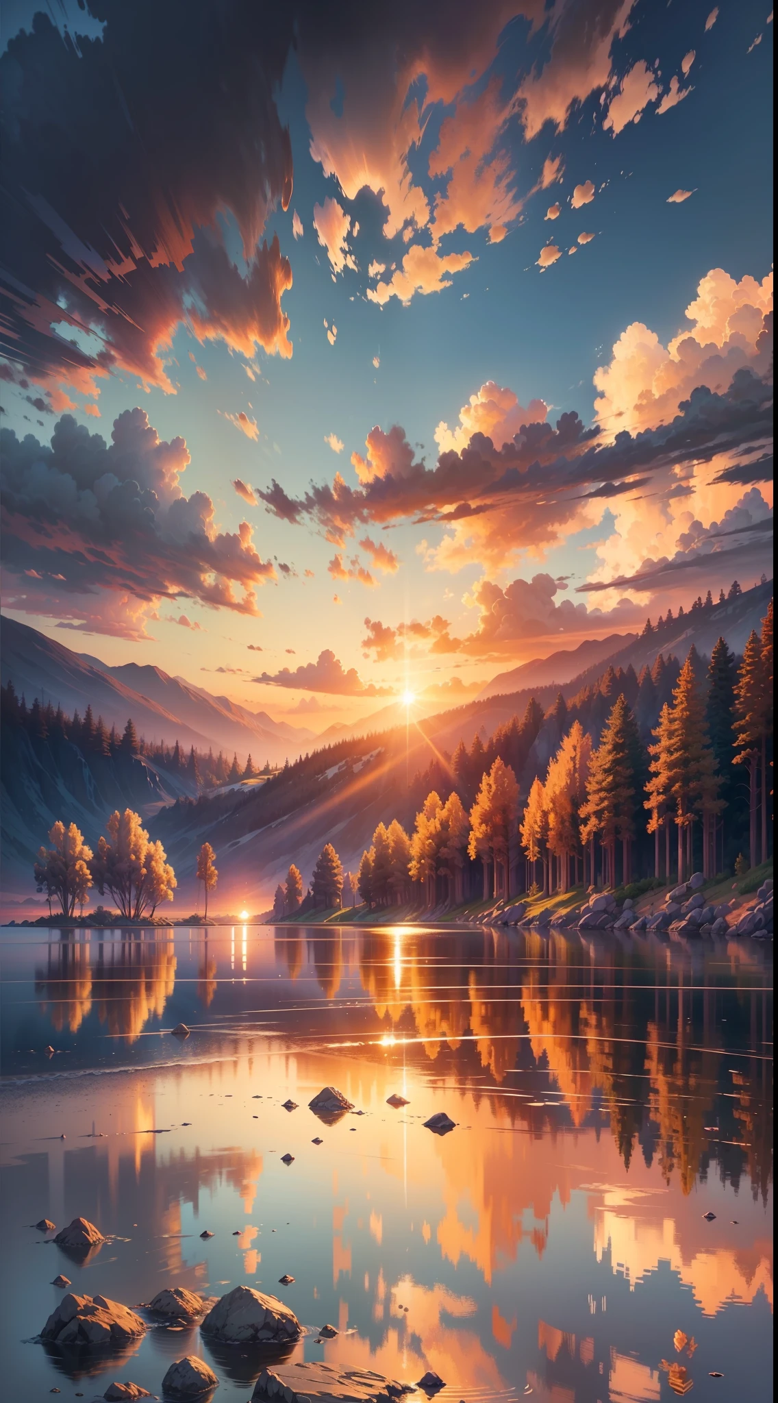 sunset, landscape, water, (very detailed CG unity 8k wallpaper), the most beautiful artwork in the world, professional majestic oil painting, intricate, high detail, clear focus, dramatic, realistic painting art, blue sky.