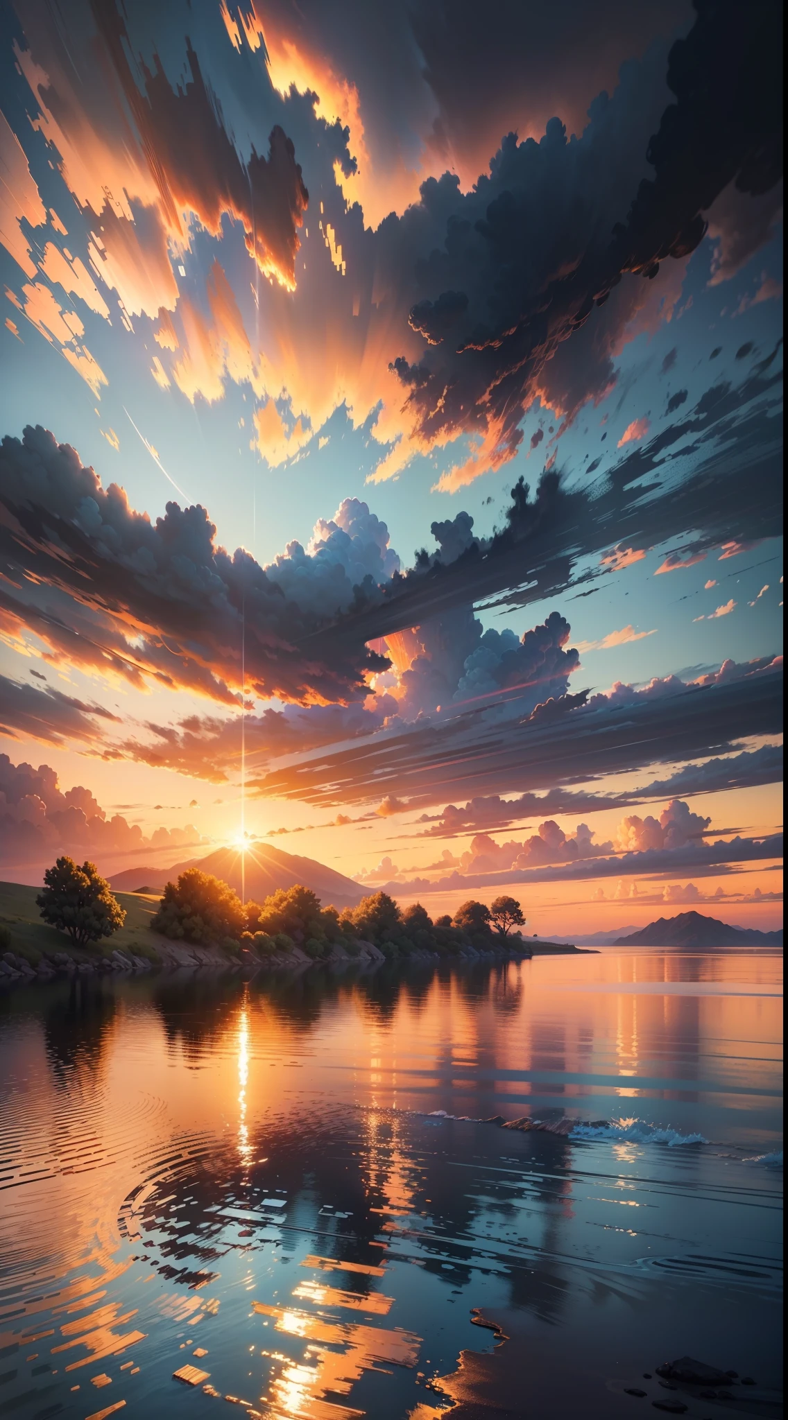 sunset, landscape, water, (very detailed CG unity 8k wallpaper), the most beautiful artwork in the world, professional majestic oil painting, intricate, high detail, clear focus, dramatic, realistic painting art, blue sky.