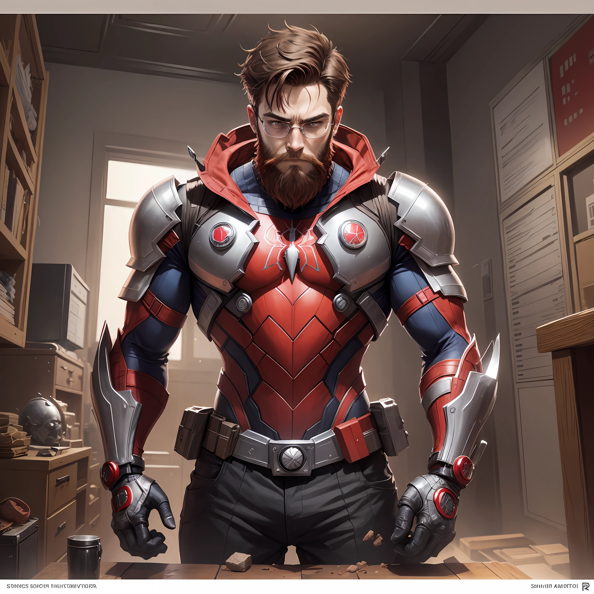 Peter Parker, Mukimuki, Red Knuckle, Ark Reactor on Chest, Senta, Beard, Cyborg, AI, Messy, Folded Armor