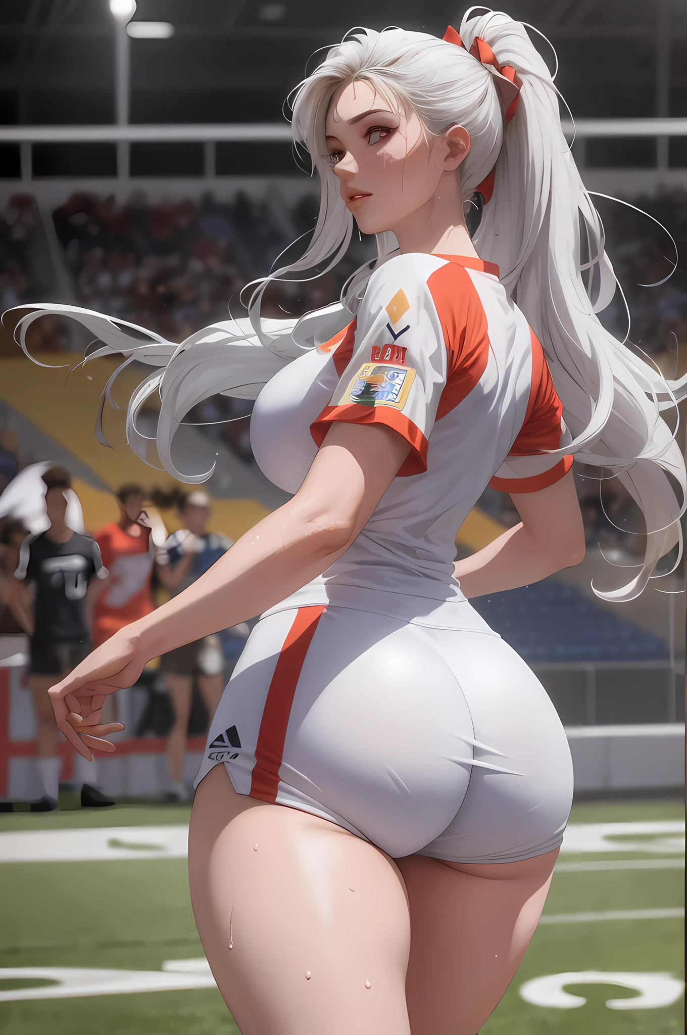 Masterpiece: 1.2, Best Quality), Realism, (Real Pictures, Intricate Details, Depth of Field), (1girl, Solo), Makeup, Lip Parting, High Detail, Perfect Face, (Huge Breasts: 1.2), Big Buttocks (Skindentation), Thick Thighs, Wide Buttocks, Thin Waist, Tall, Coral Lips, White Hair, Red Eyes, Ponytail, (Girl Playing Soccer, White Soccer Uniform), Soccer Field T Playing Soccer, (Sweating: 1.2), (Wet), Sexy,