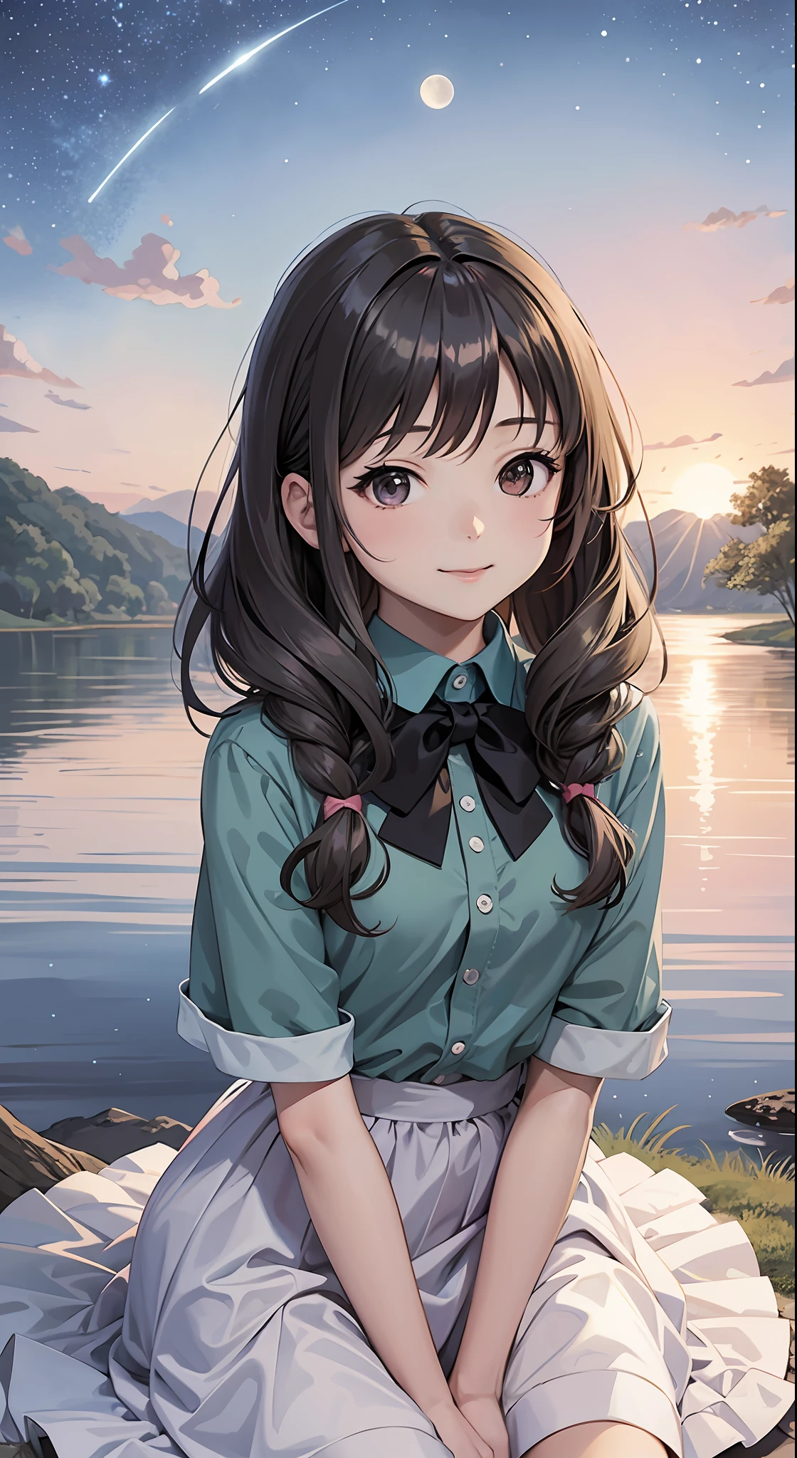 Slim, , anime girl sitting under tree looking at the water, moon, shining stars, starry sky, night, reflection, anime visual of cute girl, portrait of cute anime girl, cute detailed digital art, anime style portrait, beautiful anime portrait, digital anime illustration, cute anime girl, detailed portrait of anime girl, anime style illustration, kawaii realistic portrait, cute anime girl portrait, detailed fan art, young anime girl, detailed digital anime art, brunette hair bow, Smile, gaze-level shooting, Ghibli-like color, UHD