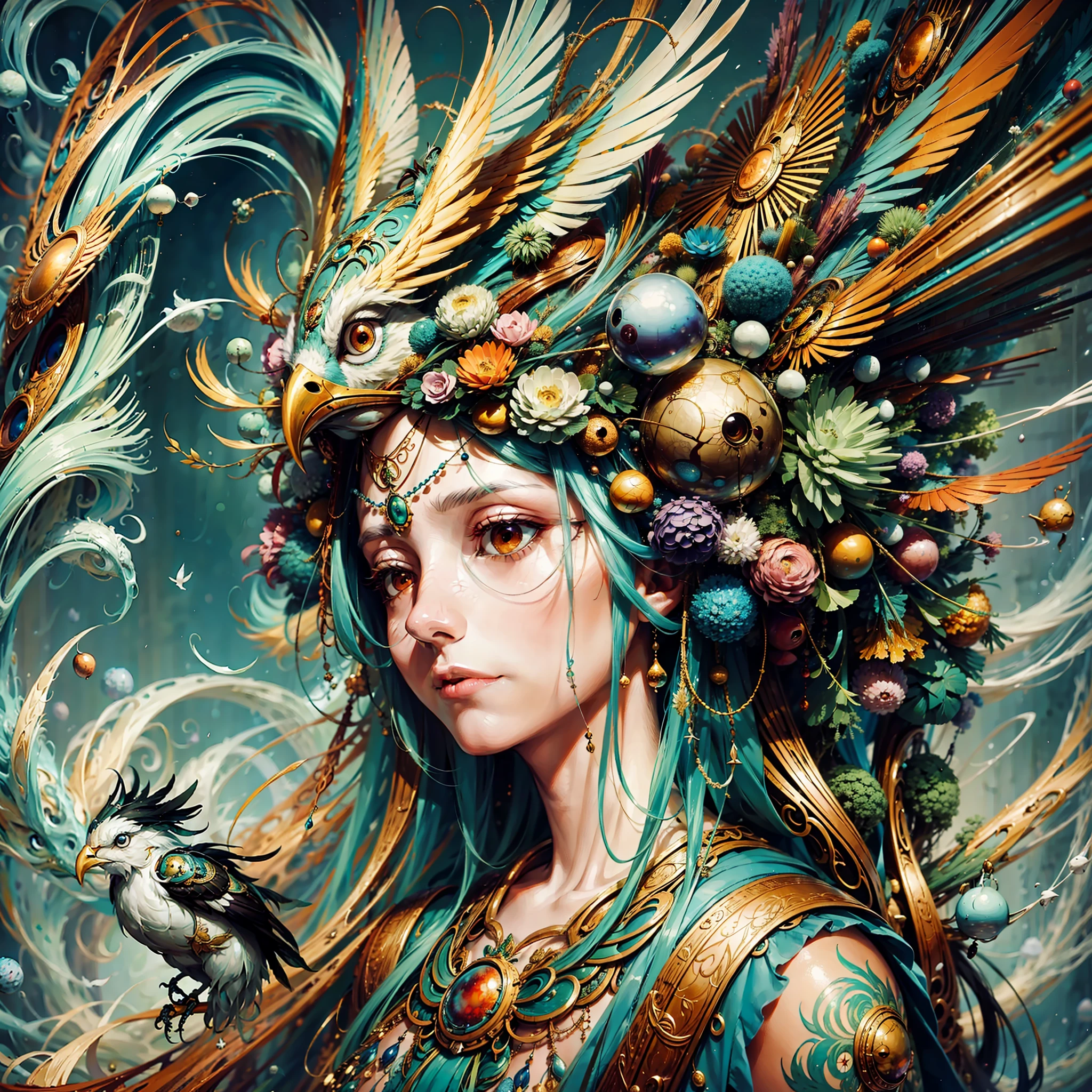 A transcendental bird Illustrated by Yoshitaka Amano, Ellen Jewett, and Leonora Carrington:: A detailed, elegant, intricate, colorful portrait in mixed media:: A masterpiece of surreal art, a vibrant painting, --ar 3:2