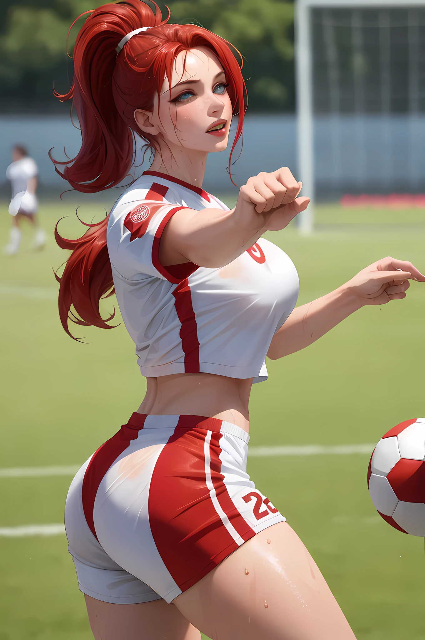 Masterpiece: 1.2, Best Quality), Realism, (Real Pictures, Intricate Details, Depth of Field), (Soccer Field, Soccer: 1.1), Vitality, Passion, (1girl, Solo), Makeup, Lip Parting, High Detail, Perfect Face, (Huge Tits: 1.4), (Skindentation), Thick Thighs, Wide Buttocks, Thin Waist, Tall, Coral Lips, Red Hair, Red Eyes, Ponytail, (Girl Playing Soccer, White Jersey), (Sweating: 1.2), (Wet), Sexy, Blushing,