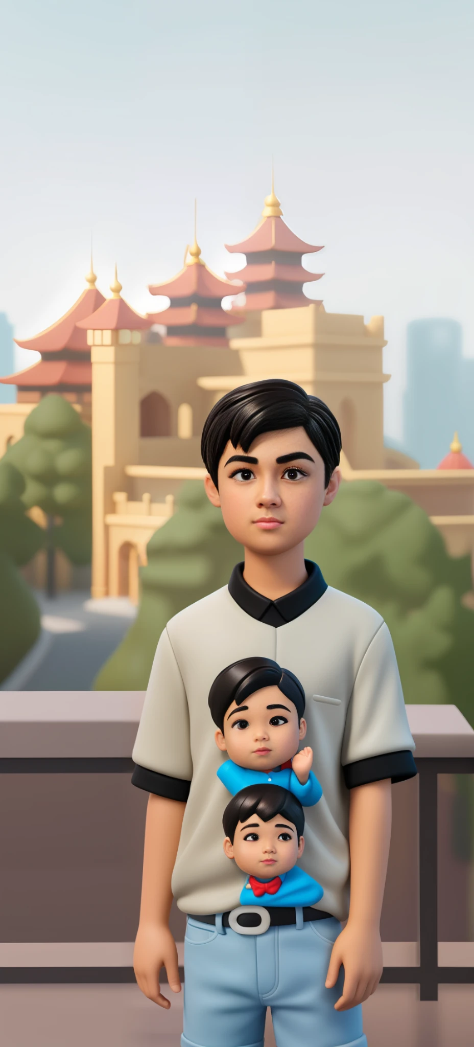 A cute brunette boy, cute boy, chinese boy, big dark brown eyes, long face, thick lips, thick eyebrows, medium build, solid color background, interior lighting, bust, blind box, disney, highly detailed face, close up, bright, light color, best quality, ip, pixar, blender, c4D, 3D, 8k