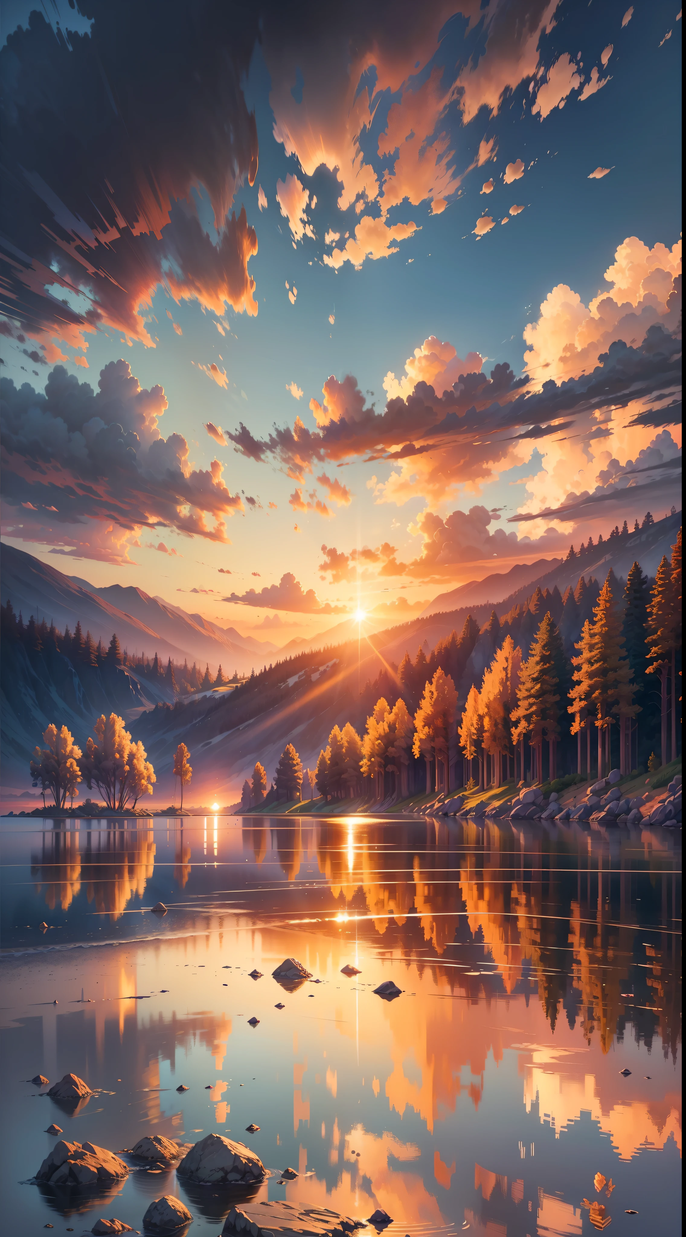 sunset, landscape, water, (very detailed CG unity 8k wallpaper), the most beautiful artwork in the world, professional majestic oil painting, intricate, high detail, clear focus, dramatic, realistic painting art, blue sky.