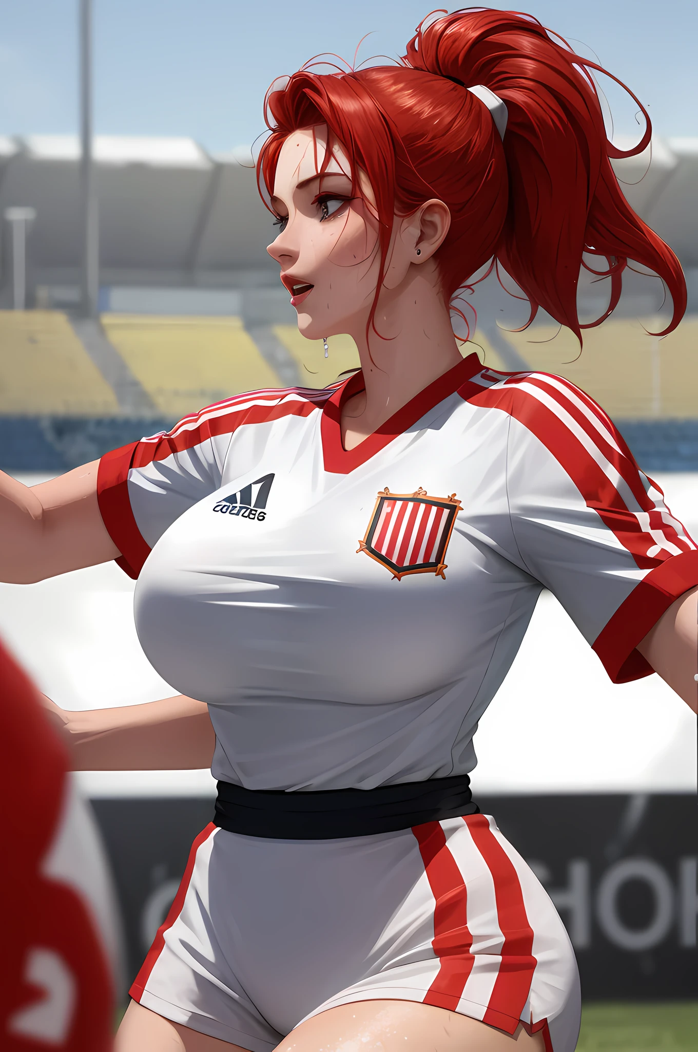 Masterpiece: 1.2, Best Quality), Realism, (Real Pictures, Intricate Details, Depth of Field), (Soccer Field, Soccer: 1.1), Vitality, Passion, (1girl, Solo), Makeup, Lip Parting, High Detail, Perfect Face, (Huge Tits: 1.4), (Skindentation), Thick Thighs, Wide Buttocks, Thin Waist, Tall, Coral Lips, Red Hair, Red Eyes, Ponytail, (Girl Playing Soccer, White Jersey), (Sweating: 1.2), (Wet), Sexy, Blushing,