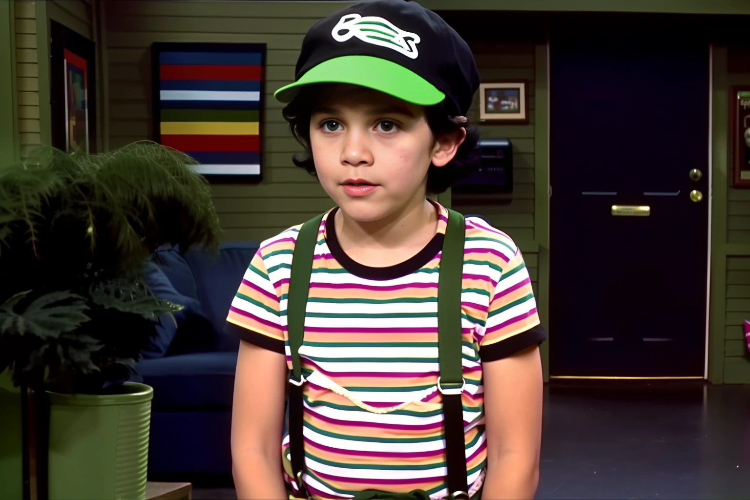 vhs screengrab, shot on a broadcast camera, a live-action 80’s sitcom featuring an 8 year old boy, (short hair:1.2) (black hair:1.3), (freckles:1.2), (green cap:1.3), (cheap clothes1.3), (Green striped shirt with suspenders:1.2), scene head diagonally, indoor house background. Reference: friends, Seinfeld, Full house.