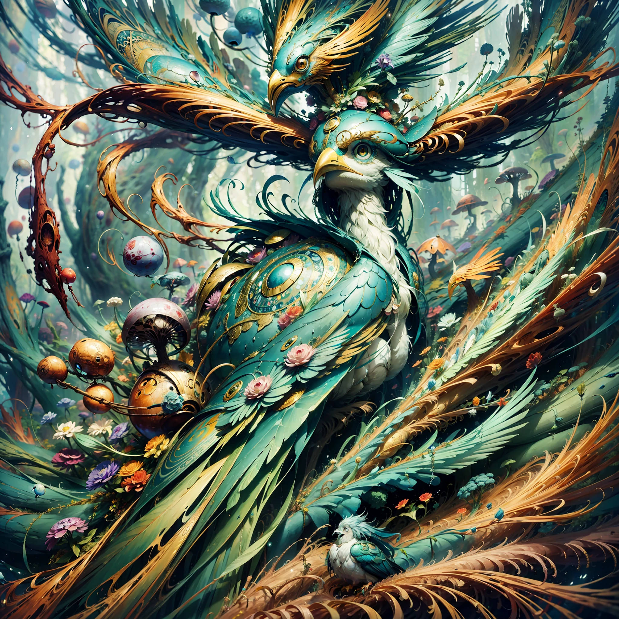 A transcendental bird Illustrated by Yoshitaka Amano, Ellen Jewett, and Leonora Carrington:: A detailed, elegant, intricate, colorful portrait in mixed media:: A masterpiece of surreal art, a vibrant painting, --ar 3:2