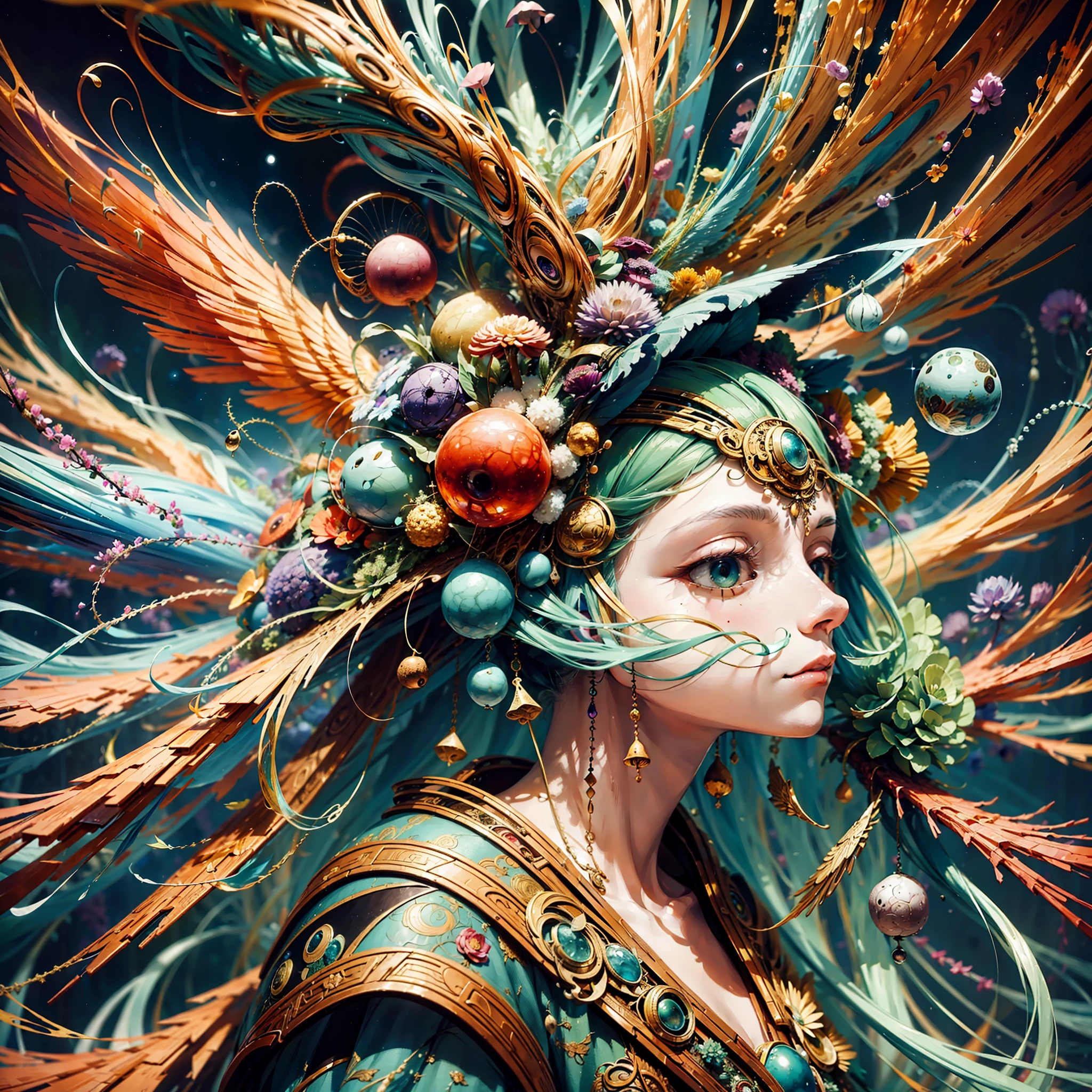 A transcendental bird Illustrated by Yoshitaka Amano, Ellen Jewett, and Leonora Carrington:: A detailed, elegant, intricate, colorful portrait in mixed media:: A masterpiece of surreal art, a vibrant painting, --ar 3:2