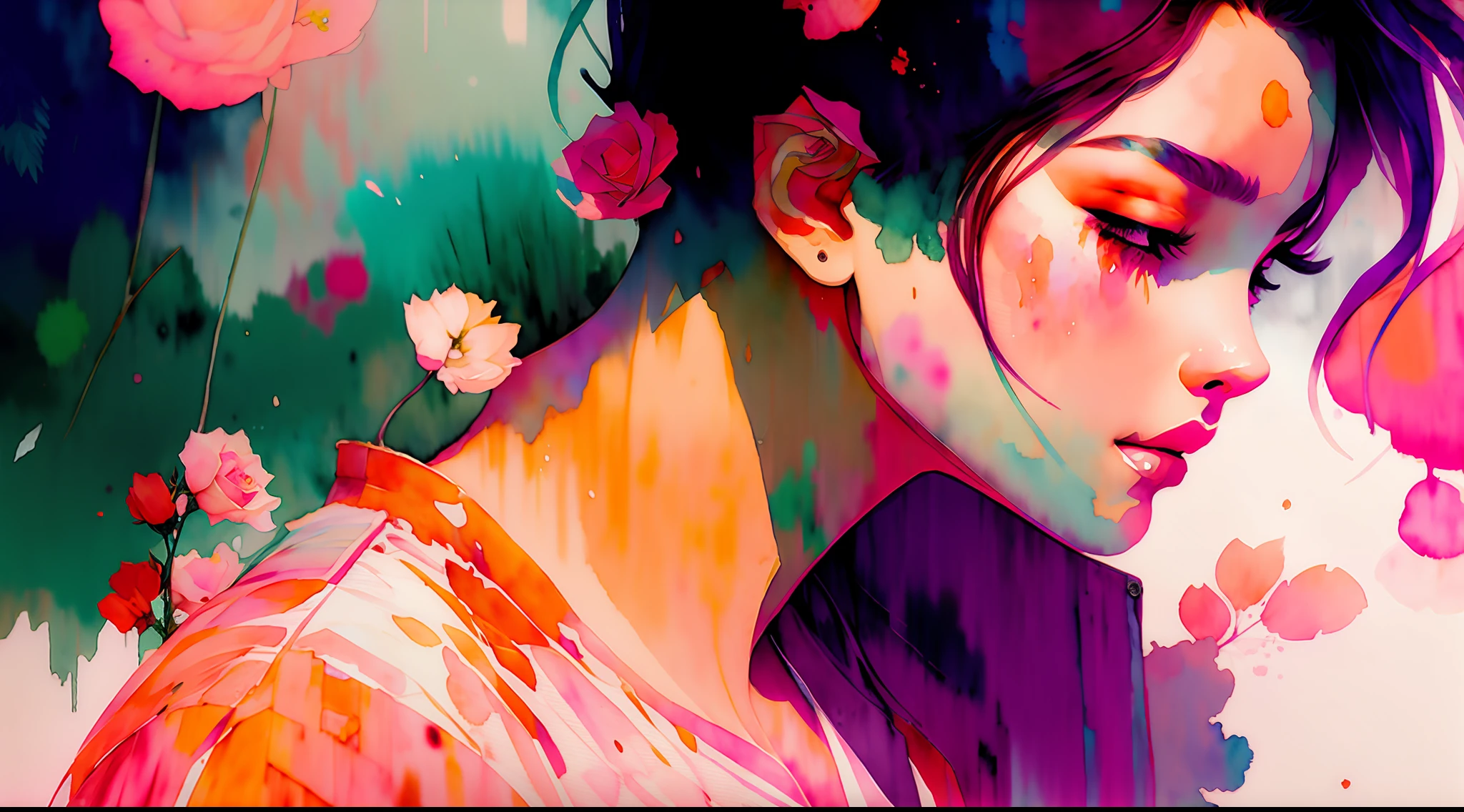 wtrcolor style, (rose) digital art, official art, blown by the wind, masterpiece, beautiful, ((watercolor)), paint splatter, intricate detail. Great detail, [dripping:0.7], Trending on Artstation, Rachel Walker