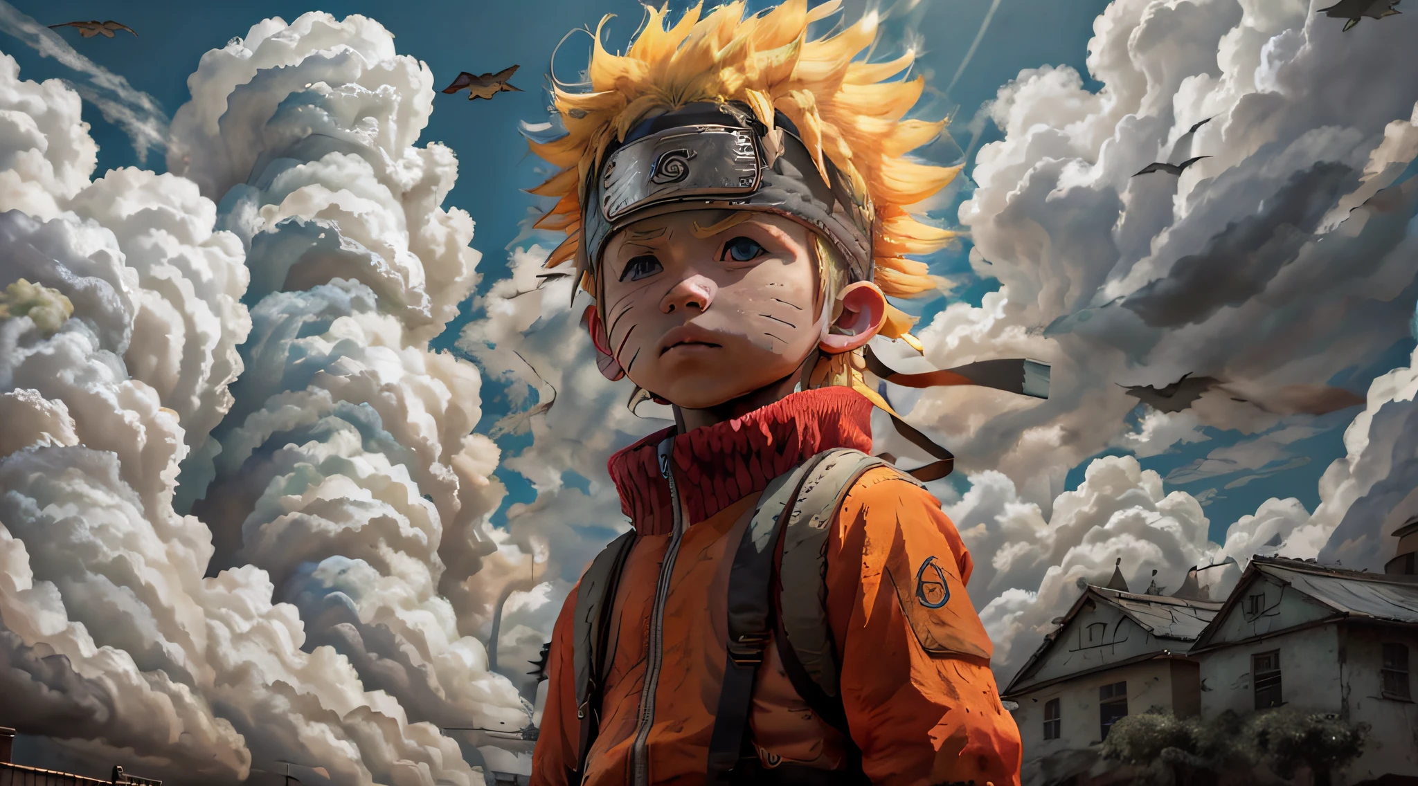 chibinaruto, 1boy, blonde hair, male focus, solo, sky, green eyes, cloud, day, whisker markings, bird, blue sky, male child, jacket, outdoors, upper body, cloudy sky