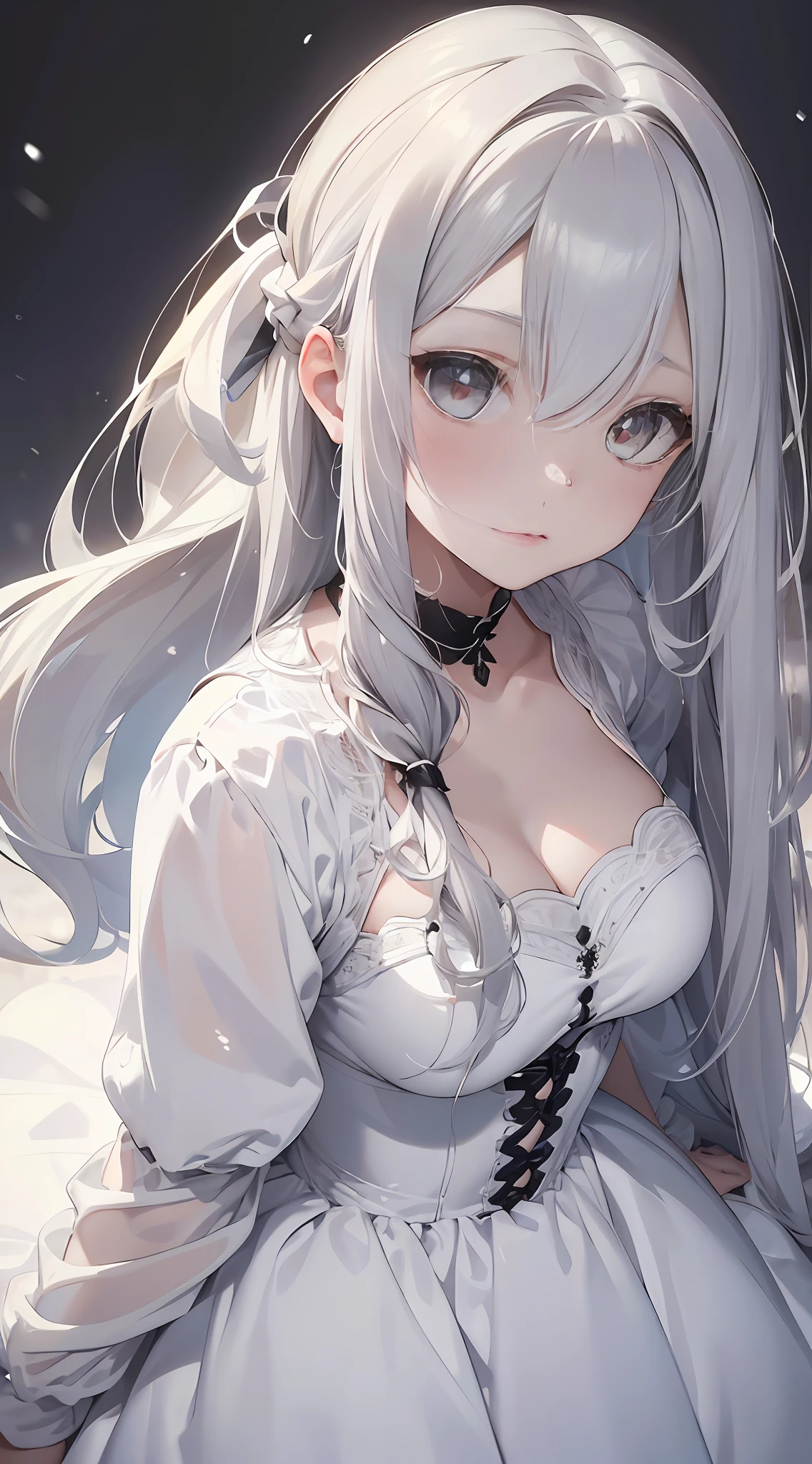 High-key lighting. ((masterpiece)), pure white, [eyes] extreme close-up (one girl) ((gray hair, long hair, straight hair, both sides up))), eyeliner, eyeshadow. 18-year-old girl. (White background) ((White skin)) ((white skin)), wearing a prom dress. Snow-white clothes, snow. Light. White filter effect. Angel (white background)