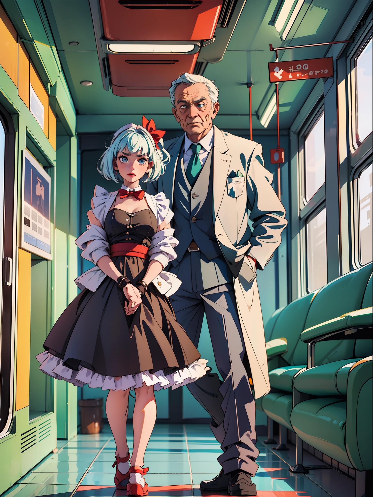 ((full body):1.5) (({20-year-old woman} and {1old man}):1.3); {20-year-old woman} :{wearing extremely tight black maid's outfit on her body, with extremely white skirt, has very short green hair, has blue eyes, is looking at the viewer, striking erotic poses, standing}; {1old man }:{wearing white suit, with red bow tie, holding only {20-year-old woman} from behind, holding tightly; several passengers inside a train; {20-year-old woman}:{is making face having an