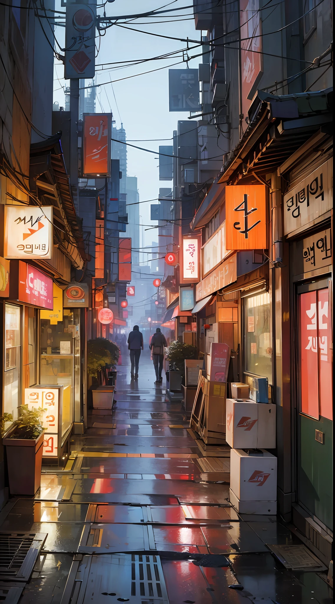 lonely ally in Seoul, cyberpunk city from sci-fi movie, empty street, night, Korean, Korean signs, old shops, cozy, circuit boards, wires, intricate, hyper-detailed, realistic, ultra-realistic, high quality, best, ultra detail, crazy detail, extremely detailed, photo realism, 8k --auto --s2