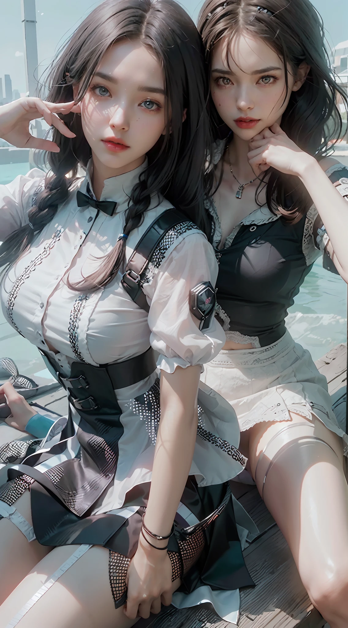 ((Best Quality)), ((Masterpiece)), (Details: 1.4), 3D, A Beautiful Long-legged Beauty, (Blue-Black Super Long Hair, Braided 1.6), (White Shirt, Black Pencil Skirt: 1.7), (White Stockings, Sandals: 1.6), (Red Lip: 1.2) HDR (High Dynamic Range), Ray Tracing, NVIDIA RTX, Super-Resolution, Unreal 5, Subsurface Scattering, PBR Texture, Post-processing, Anisotropic filtering, depth of field, maximum sharpness and sharpness, multi-layer textures, albedo and specular mapping, surface shading, accurate simulation of light-material interactions, perfect proportions, Octane Render, bicolor light, large aperture, low ISO, white balance, rule of thirds, 8K RAW,