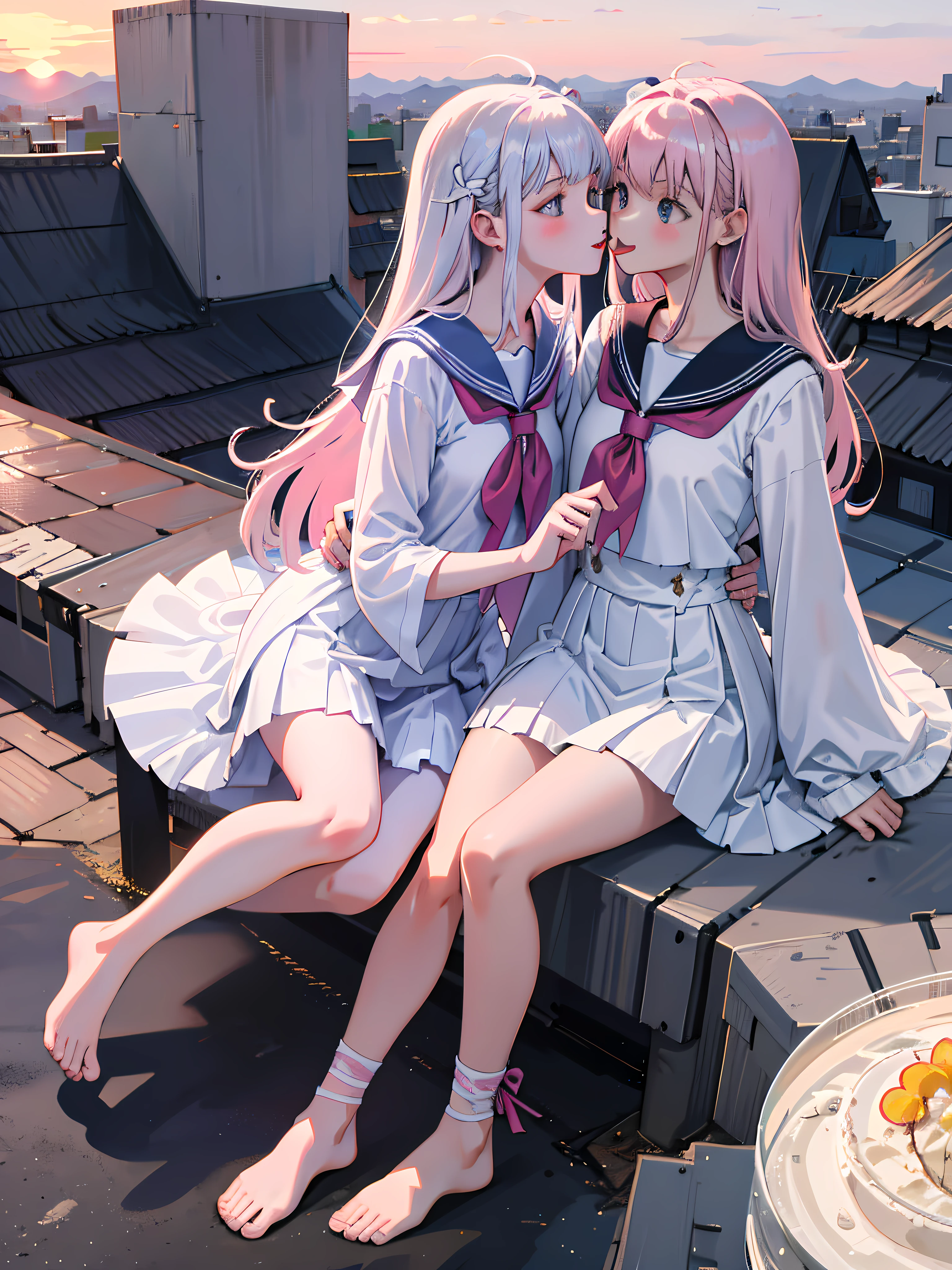 Masterpiece: 1.3), Best Quality, 2 girls, 18 and 10 years old, white and pink hair color, delicate, rooftop, spirit, sunset, kissing, sailor suit and JK costume, tongue sticking kiss