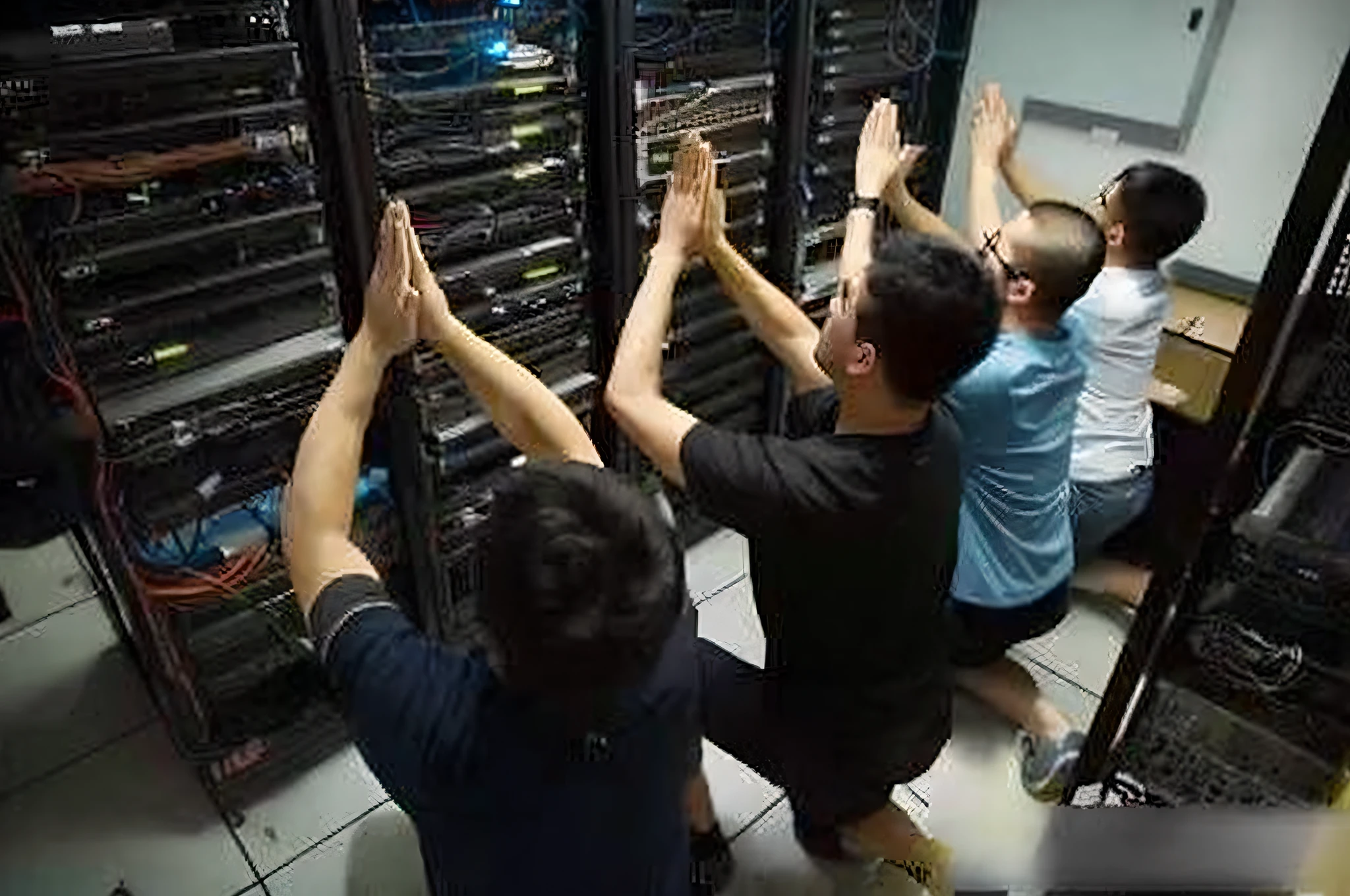 three men are reaching up to reach a computer rack, standing in a server room, server in the middle, pacing in server room, in data center, shodan, data center, servers, datacentre, maintenance photo, they are crouching, the matrix servers on fire, too many hands in all directions, in detailed data center, hacking into the mainframe