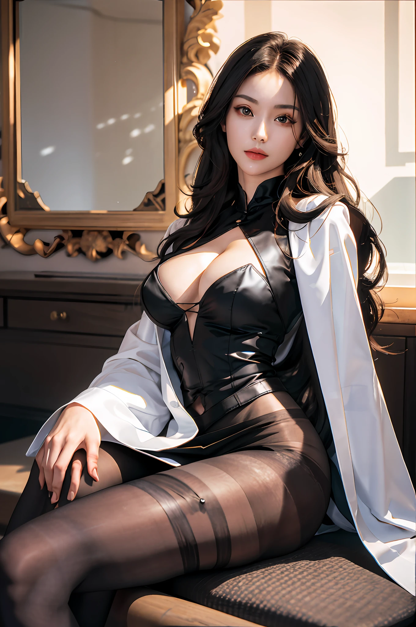 Masterpiece, 16k, award-winning photo, extremely detailed, amazing, fine detail, absurd, highly detailed woman, 20 years old, sexy theme, high detail, extremely detailed eyes and face, glare eyes, ((((black pantyhose)))), (short skirt))), (suit))), good hips and long legs, beautiful face, perfect face shape, perfect body, oversize model, mature woman, (((high and long legs))), (((very large breasts))), Perfect for wearing tight, simple clothes, high heels, photography 4 Kodak Portra 400 camera F1. 6 colorful lenses, ultra-realistic textures, dramatic lighting IrrealEngine ArtStation Cinestill 800 Tungsten Trends on the Lamp, (((Full Body))), There is a woman sitting in a chair in the room, Masterpieces: 1.2, Best Quality, Ultra High Resolution, Realistic, Ultra-Realistic Detail, Clear Focus, (Real Pictures, Fine Production, Depth of Field), Solo, Beautiful Girl, Masterpiece: 1.2, Best Quality),