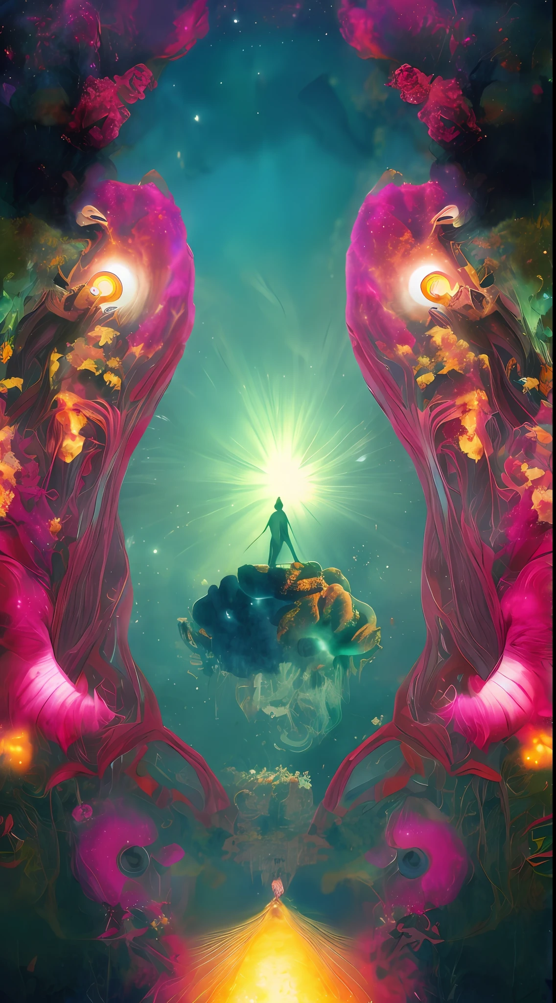 Incredible and spectacular scene, a "((high quality)), (detailed)), ((fantasy)), illustration, perspective (45 degree tilt angle), theme (enchanted forest style), scene elements (handsome boy, beautiful girl), picture quality (3D rendering effect), exquisite details, beautiful lights "emerge from glowing clouds, fractal nebula lines, cosmic entities, celestial bodies, universes, vibrant and vivid, swirling, rotating, impractical, high contrast, co-metabolic, magical, mysterious, mysterious, surreal, Oversaturated, colorful