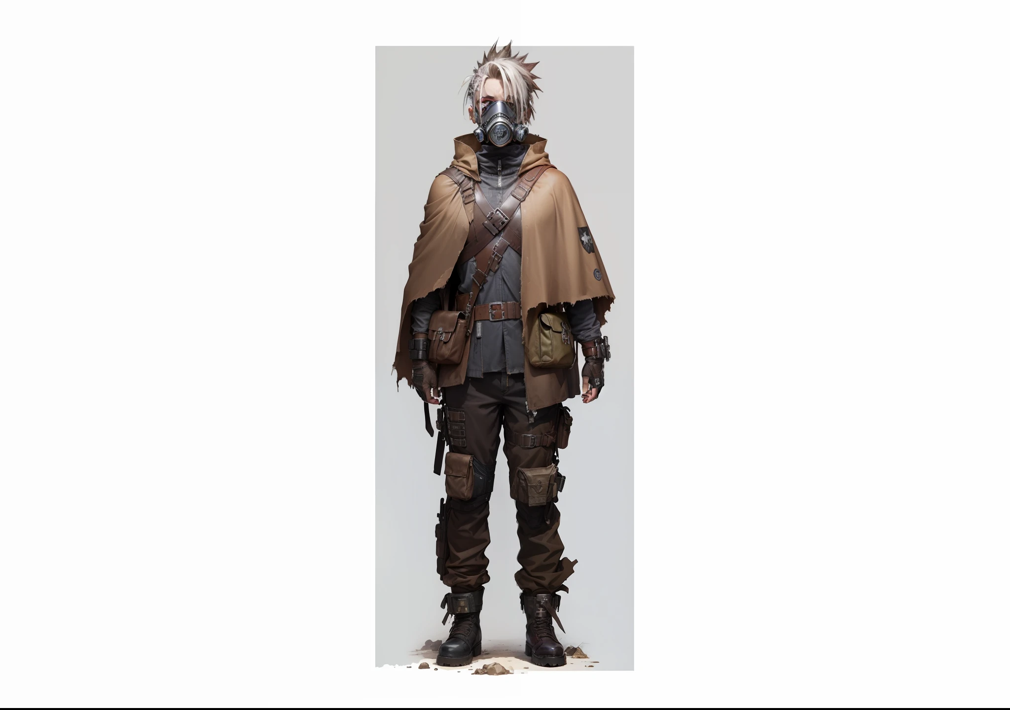 (High quality watercolor realism, figures, wasteland punk costumes, functional style costumes, dynamic poses, brown cape workwear:, school bag, gas mask, good anatomy, good proportions, white background, wasteland punk style, center) --au --auto --s2