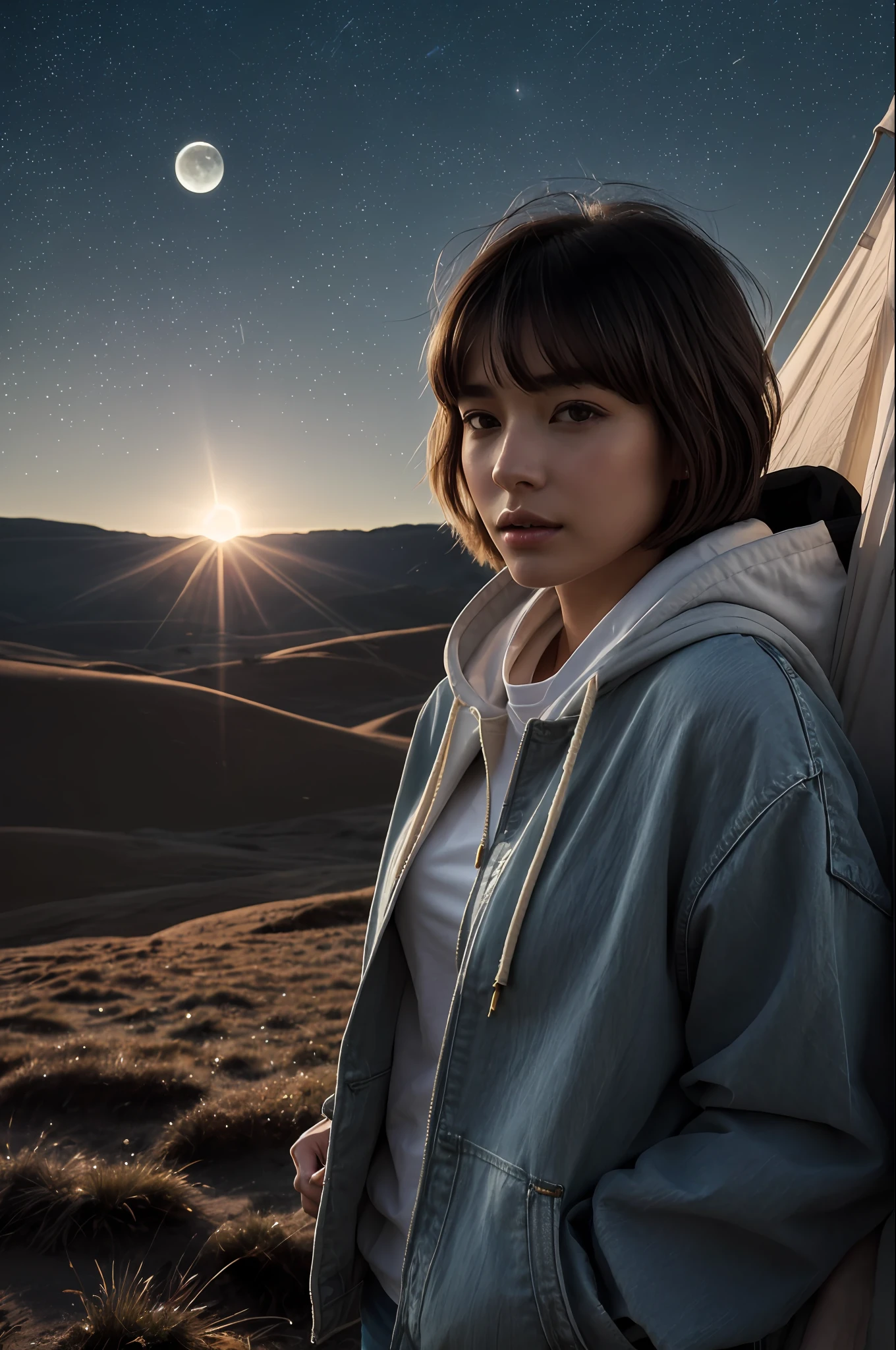 ((top quality, 8k, masterpiece: 1.3)), Japan women (1, 20 years old, very detailed face and skin and hair texture, detailed eyes, double eyelids, white skin, beautiful delicate nose, light hair color, bob cut hair, wearing earth colored hoodie, wearing denim pants, wearing mountain boots), overhead camera, sharp focus: 1.2, while emphasizing the subject's hair, eyes, mouth, action, pleasing to the eye and suggestive composition. ⠀
ground, outdoor, (night), mountain, nature, (stars, moon) cheerful, wind, happy, backpack, tent, bonfire, forest, river, smoke, shadow, contrast, clear sky, style, (warm shades, warm tones), pleasant to the eye, while exuding melancholy emotions, characterized by a contrasting mix of calm tones and light and shadow, with dynamic angles, It is a thought-provoking composition.